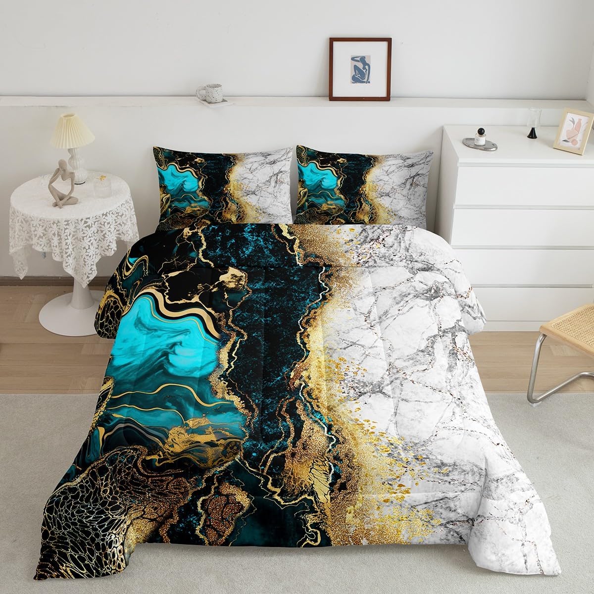 Erosebridal Teal Kids Comforter Sets Grey Abstract Marble Queen Bedding Set for Boys Girls Gold Metallic Sequin Marbling Comforter Set,Aesthetic Quilt Duvet 3 Pcs
