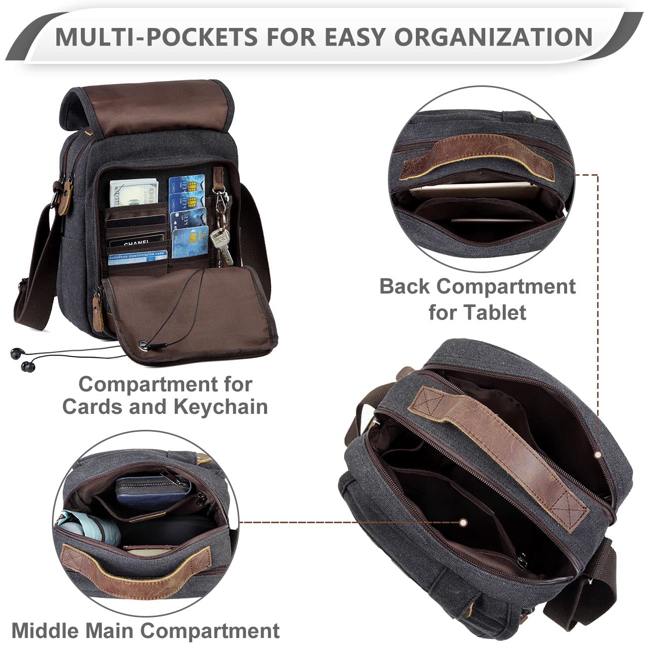 VASCHY Bolso Bandolera Hombre Pequeño de Lona y Cuero, Resistente al Agua, 7,7 L, Cabe iPad 10,2", Bolsillo Trasero Antirrobo, Múltiples Bolsillos, Para Trabajo y Viaje, Gris Oscuro