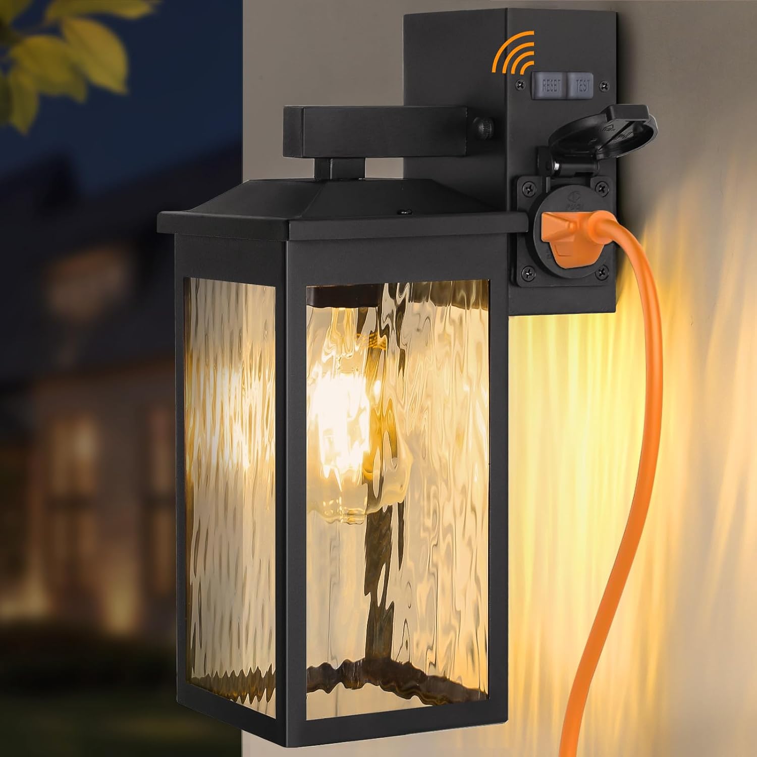 Porch Lights with GFCI Outlet, Dusk to Dawn Outdoor Wall Lighting with Water Rippled Glass Shade, Waterproof Exterior Light Fixture Black Outside Lights for House Front Door Garage Patio (E26 Base)