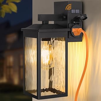Porch Lights with GFCI Outlet, Dusk to Dawn Outdoor Wall Lighting with Water Rippled Glass Shade, Waterproof Exterior Light Fixture Black Outside Lights for House Front Door Garage Patio E26 Base
