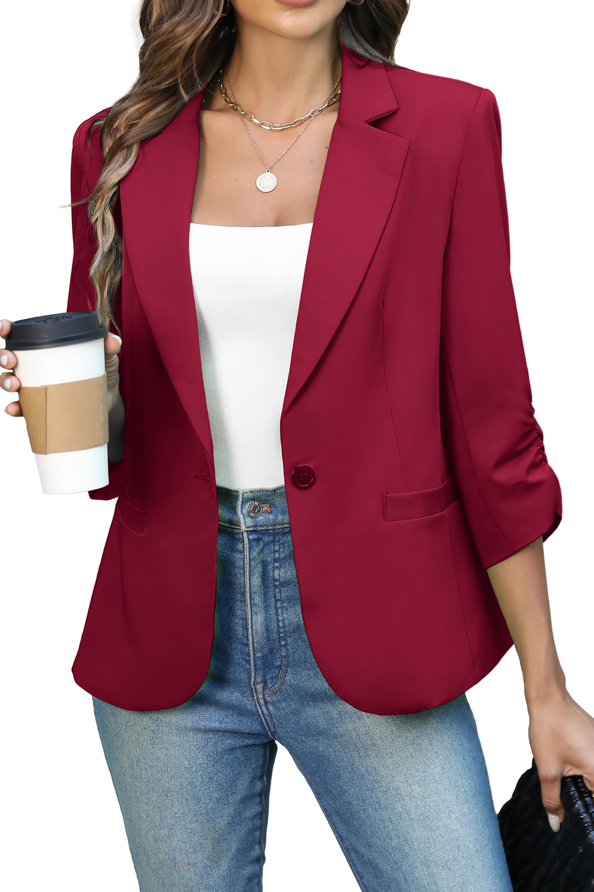 ELLEVEN Womens Ruched 3 4 Sleeve Blazers Lightweight Slim Fit Jackets with Padded Shoulder for Business Casual