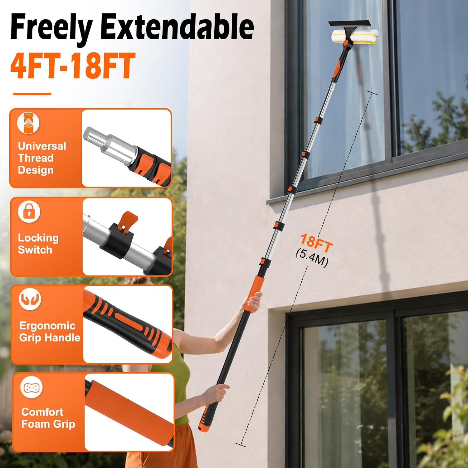 2-in-1 Window Squeegee, 18FT Window Cleaner Tool with 14" Head image 3
