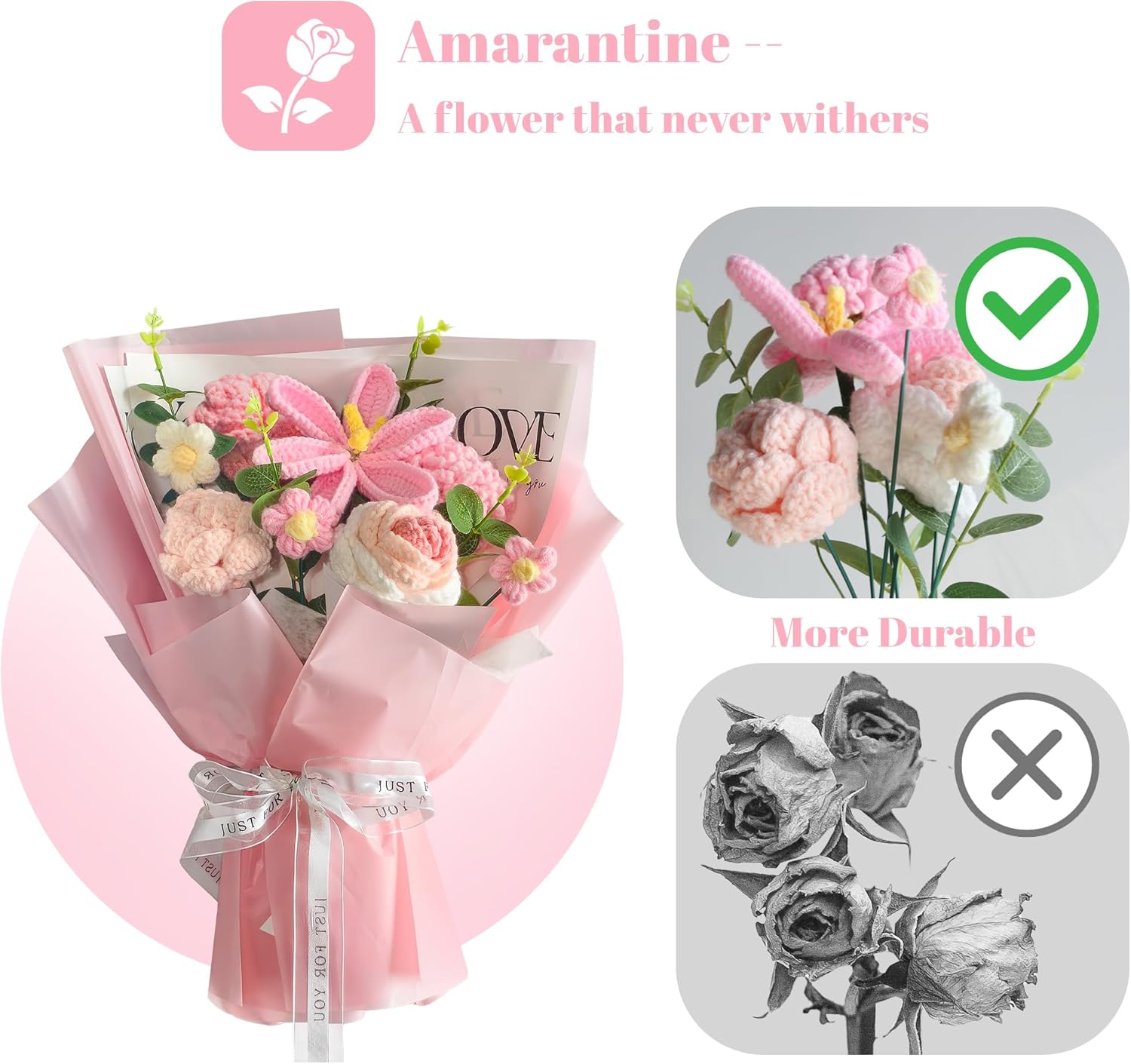 Crochet Flowers Bouquet 8PCS, Handmade Knitted Artificial Crochet Flower Gifts - Tulips Roses Daisies Carnations, Preserved Flowers for Mother's Day Valentine's Day Birthday Home Decor- Pink - Image 4