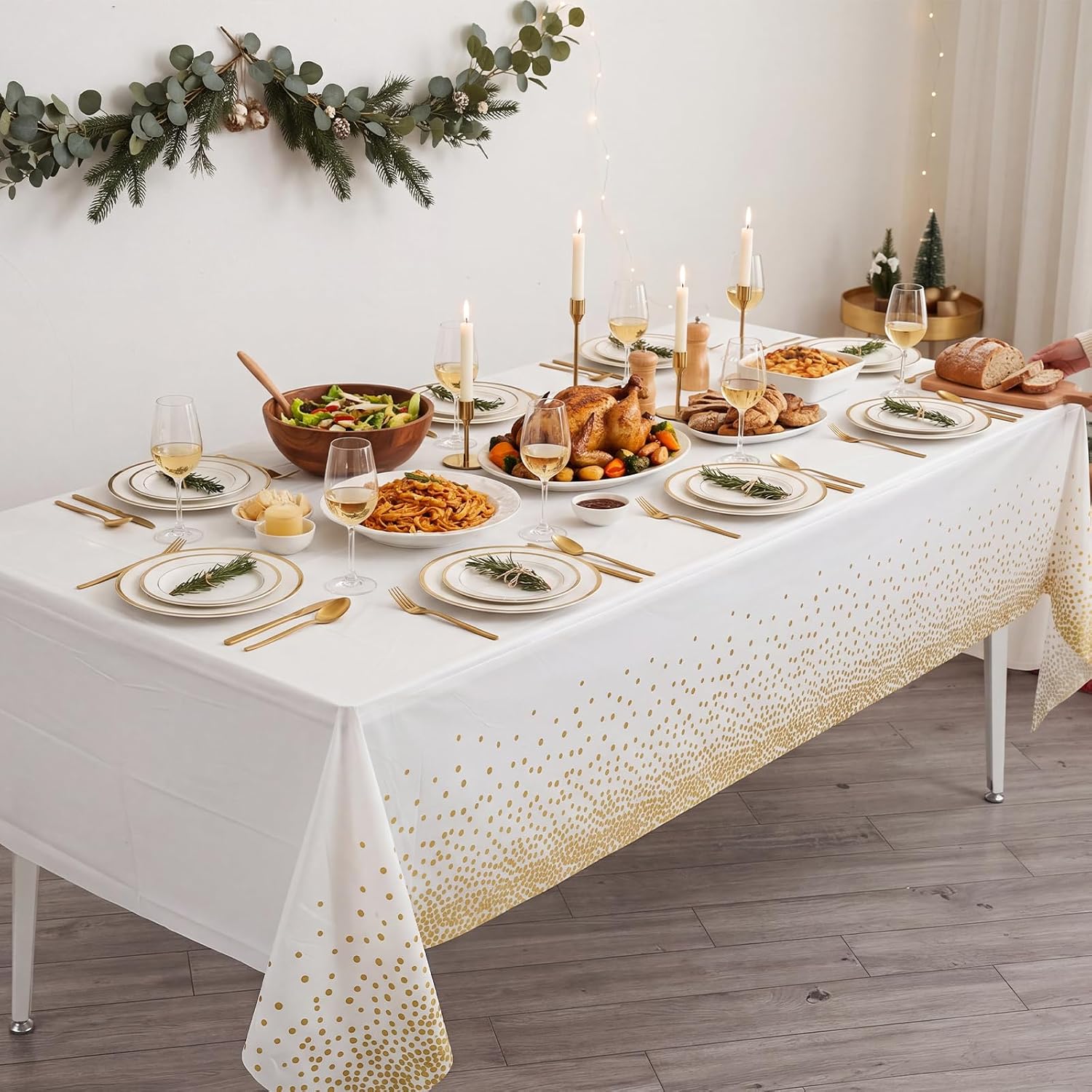 3 Pack White and Gold Tablecloth, 54" X 108" Gold Dot Plastic Table Cloths
