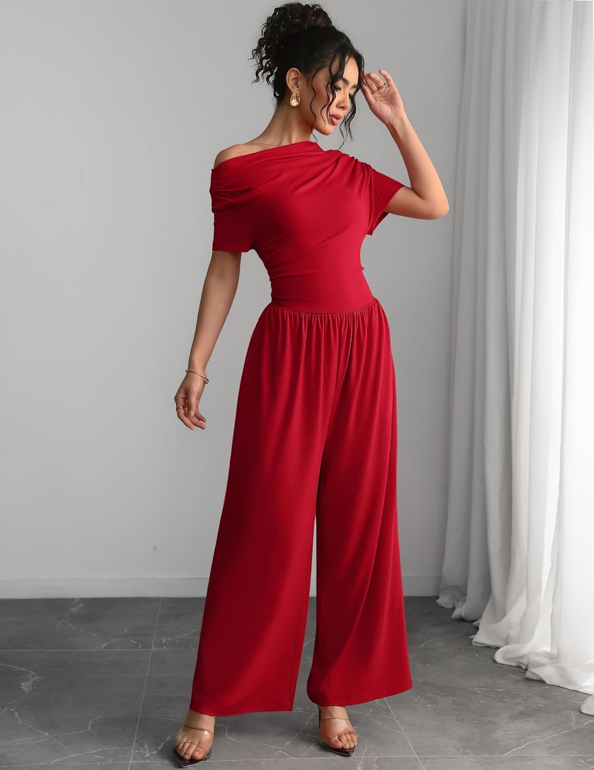 Women's Jumpsuits Dressy Casual Off Shoulder Jumpsuit Boat Neck Wide Leg Long Pant Romper One Piece Outfits - Image 4