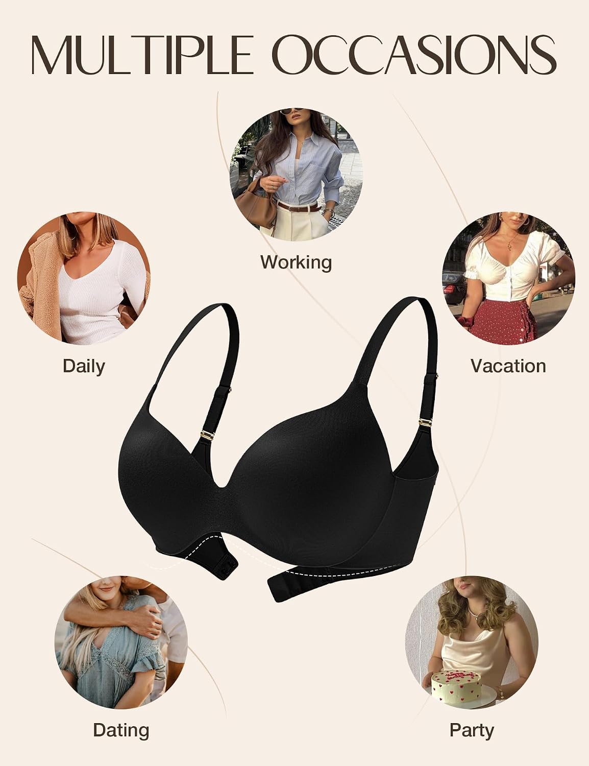 Deyllo Women’s Push Up Padded Bra Seamless T Shirt Bras Underwire Support Back Smooth