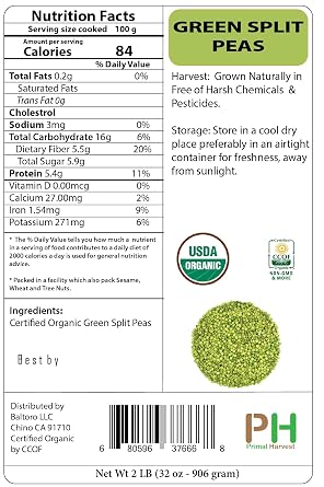Organic Green Split Peas- Fiber & Protein rich, Raw, Non-GMO, Vegan Bulk-25LB
