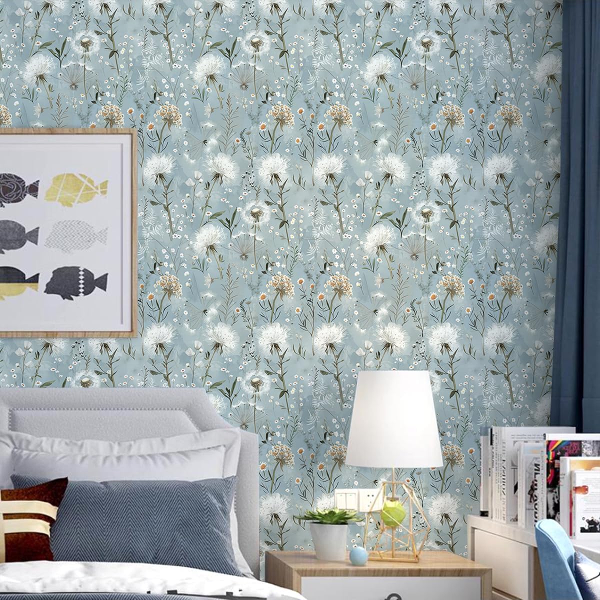 Floral Peel and Stick Wallpaper Blue Floral Contact Paper 16.9inch x 393.7inch Vintage Wallpaper Flower Self Adhesive Dandelion Decorative for Bedroom Blue Flower Removable Wall Paper