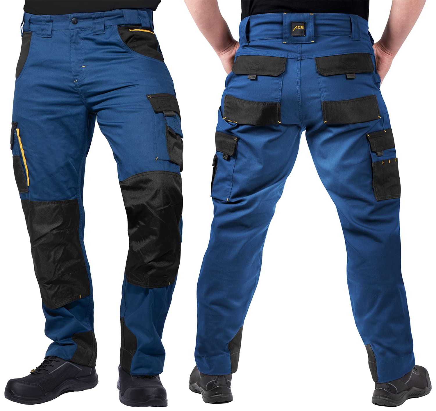 ACE Genesis Pro Pantalones de Trabajo Largos para Hombre - Pantalones Cargo de Trabajo para Hombre - Cintura elástica y Bolsillos en Las Rodillas - Azul Oscuro - 34/32