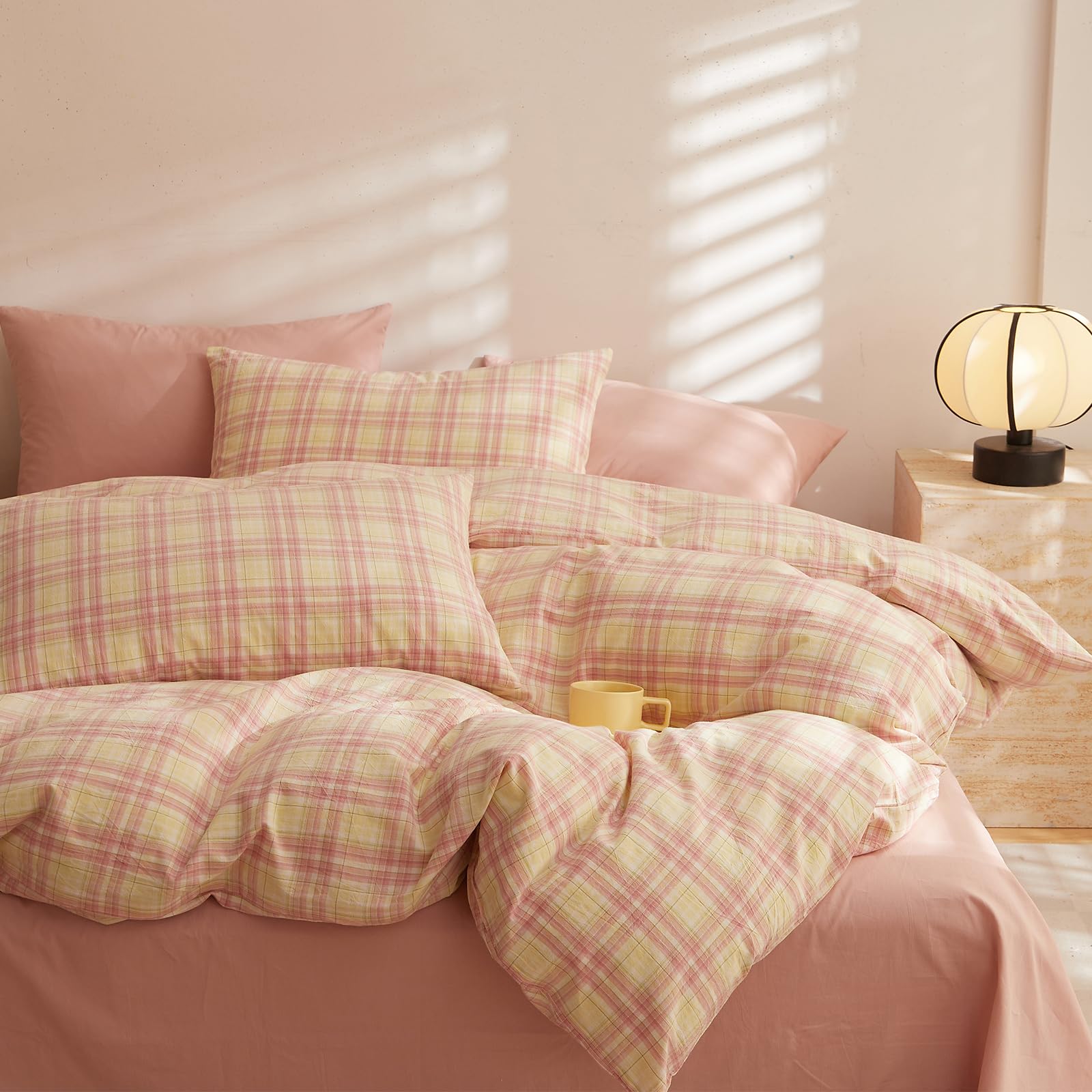 LifeTB Vintage Buffalo Plaid Duvet Cover Set Queen, Pink & Yellow Plaid Checkered Comforter Cover, 3 Piece Washed Cotton Grid Bedding Soft Breathable Duvet Cover Farmhouse Gingham Bedding Set — image 1