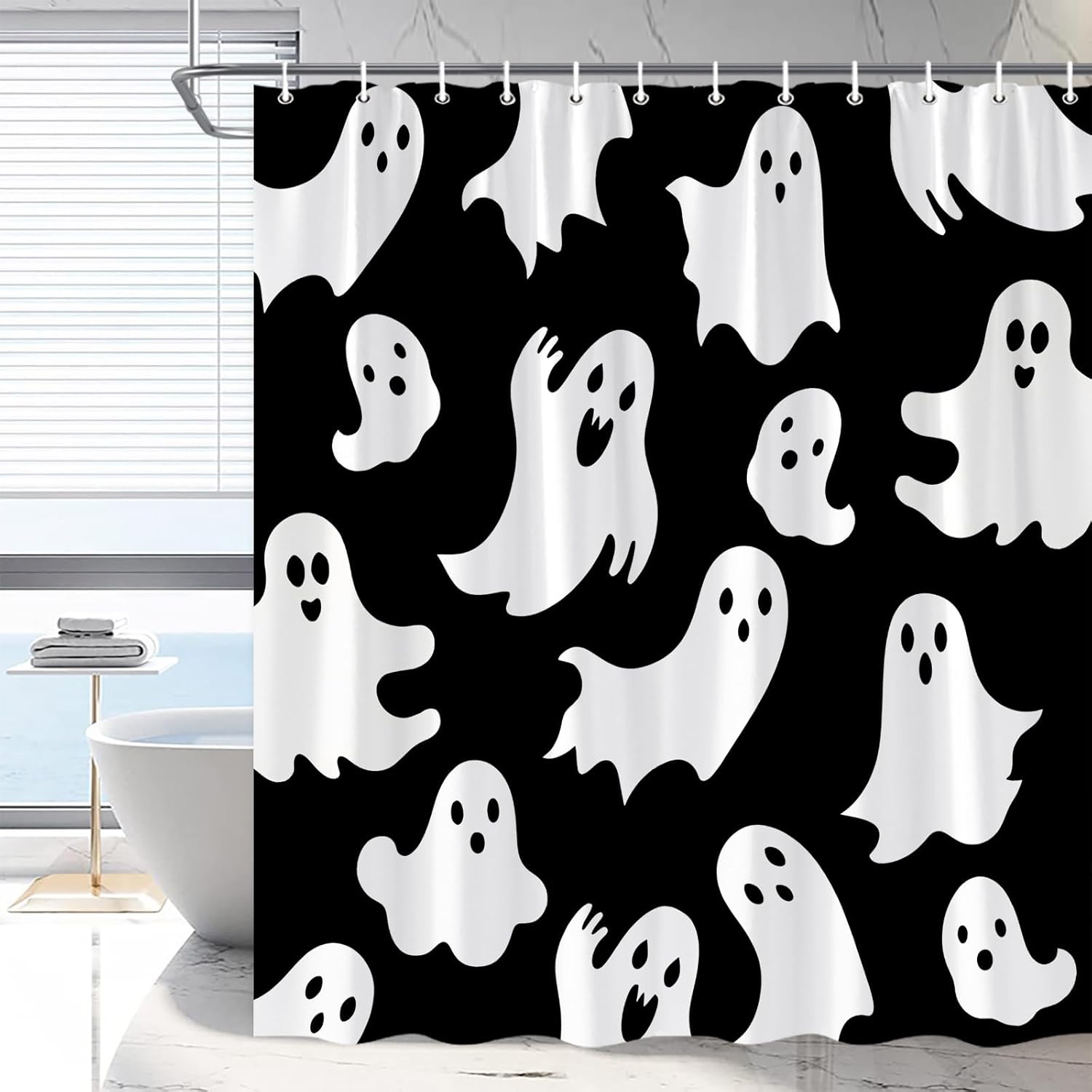 Halloween Ghost Shower Curtain Cute Funny Cartoon Spooky Ghosts Bathroom Curtains Horror Trick or Treat Happy Halloween Party Boys Girls Bathtub Decor with Hooks 108 x 70 in