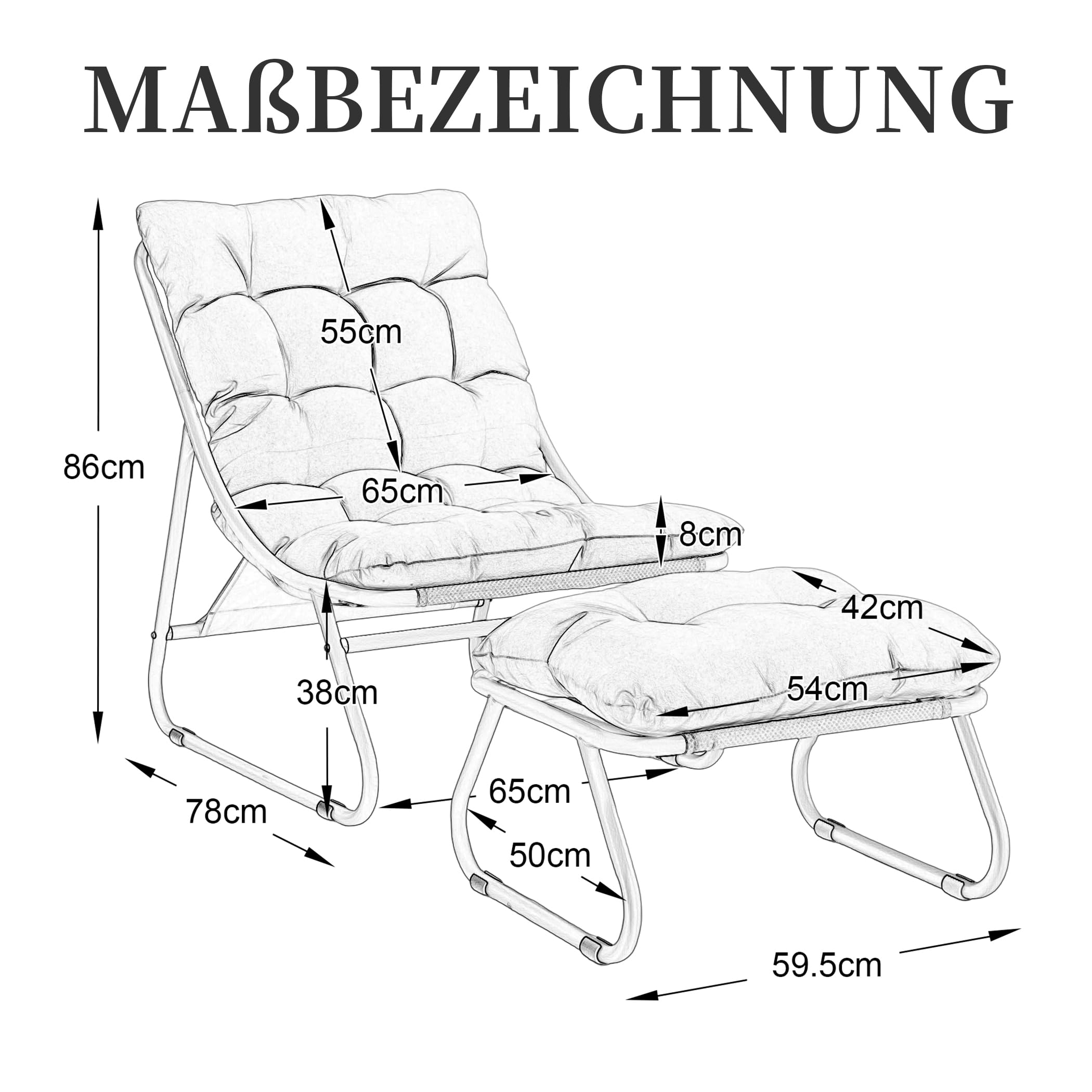 Loungesessel mit Ottoman, Liegestuhl & Relaxsessel aus Stahl, mit separatem Kissen und rutschfesten Fußpolstern – Outdoor Gartenstuhl für Entspannung im Freien, Garten & Balkon (Cremeweiß, Cord)