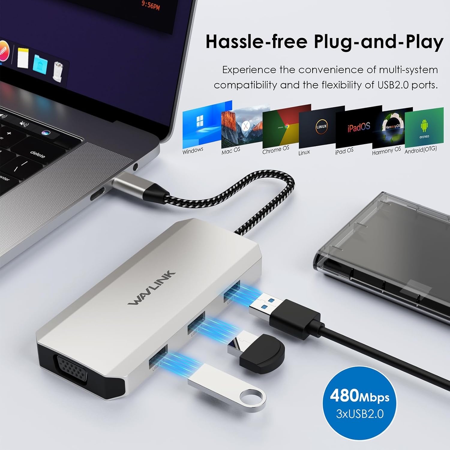 USB C Dock Quad Monitor, WAVLINK 7-in-1 Laptop Docking Station with Dual 4K DP, 4K HDMI, 1080P VGA, 480Mbps USB2.0-A for Lenovo Thinkpad,HP Laptops, Doesn't Support MacOS