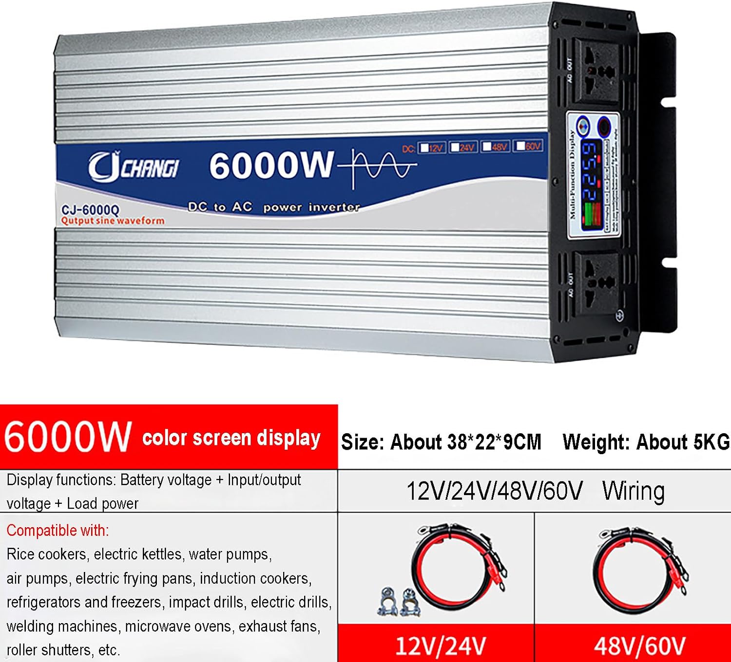 Pure sine wave inverter,socket 6000W, 8000W, 12000W, DC12V/24V/48V/60V/ to AC/220V, with LED digital display, USB port, suitable for RV, truck, boat, outdoor camping, van, home 48Vto220V-6000W
