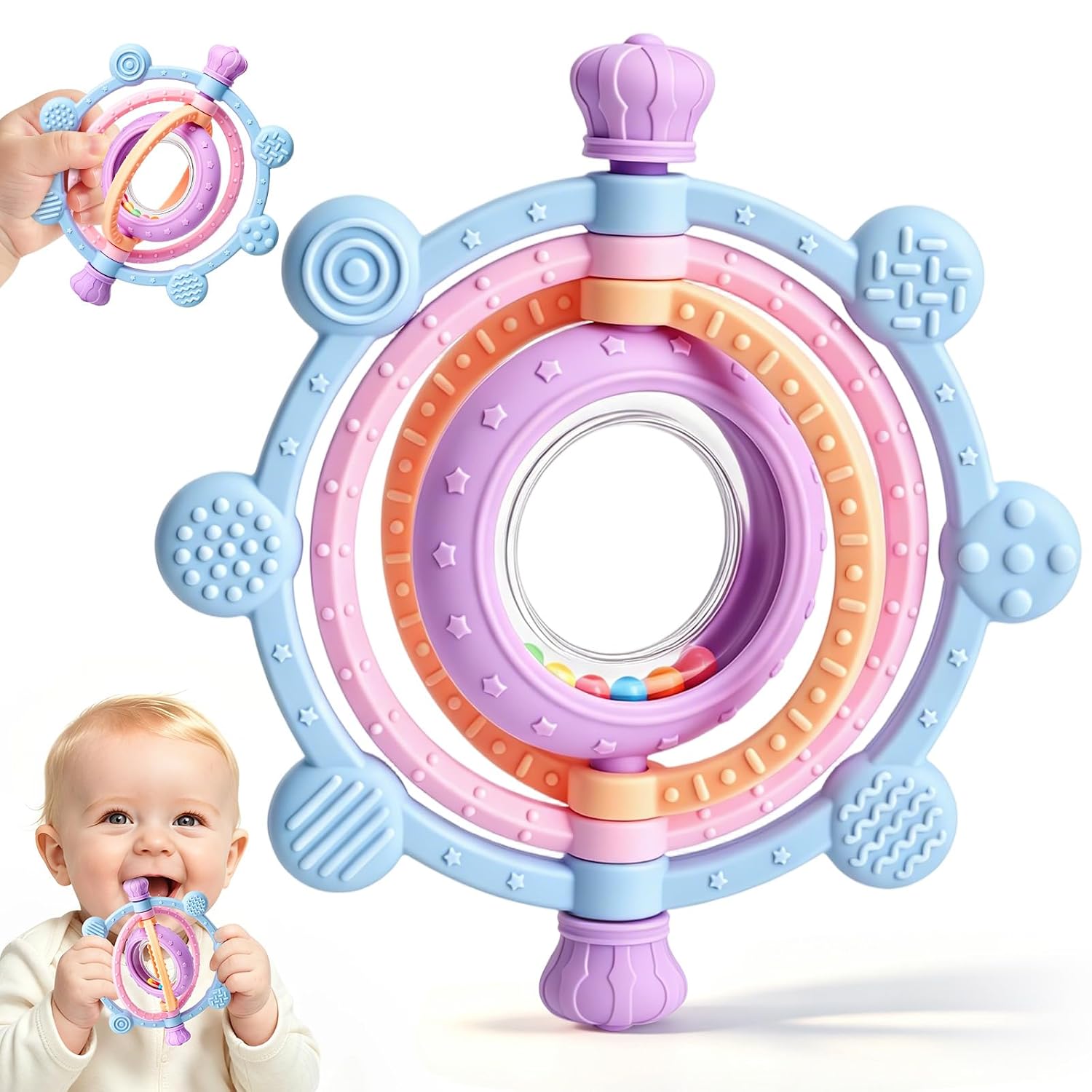 Baby Teething Ring Toys 3-6 6-12 Months, Silicone Sensory Rattle Teether Toys for Teething Relief, Baby Newborn Essentials Chew Toys for Sucking Needs, Infant Shower Gifts & Baby Toys