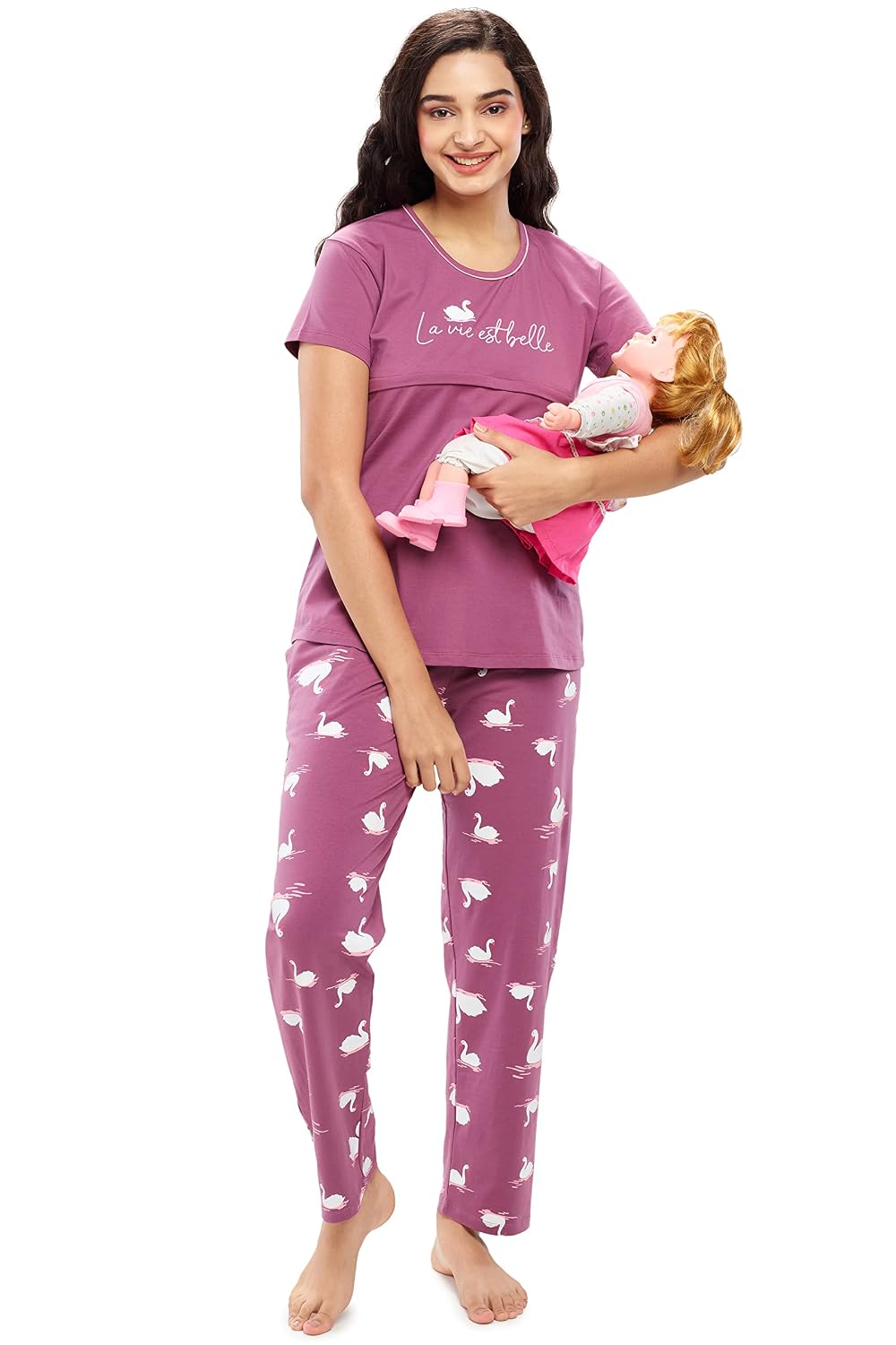ZEYO Women's Cotton Swan Printed Feeding Night Suit Set Of Top & Pajama Set Nursing Night Dress 5630