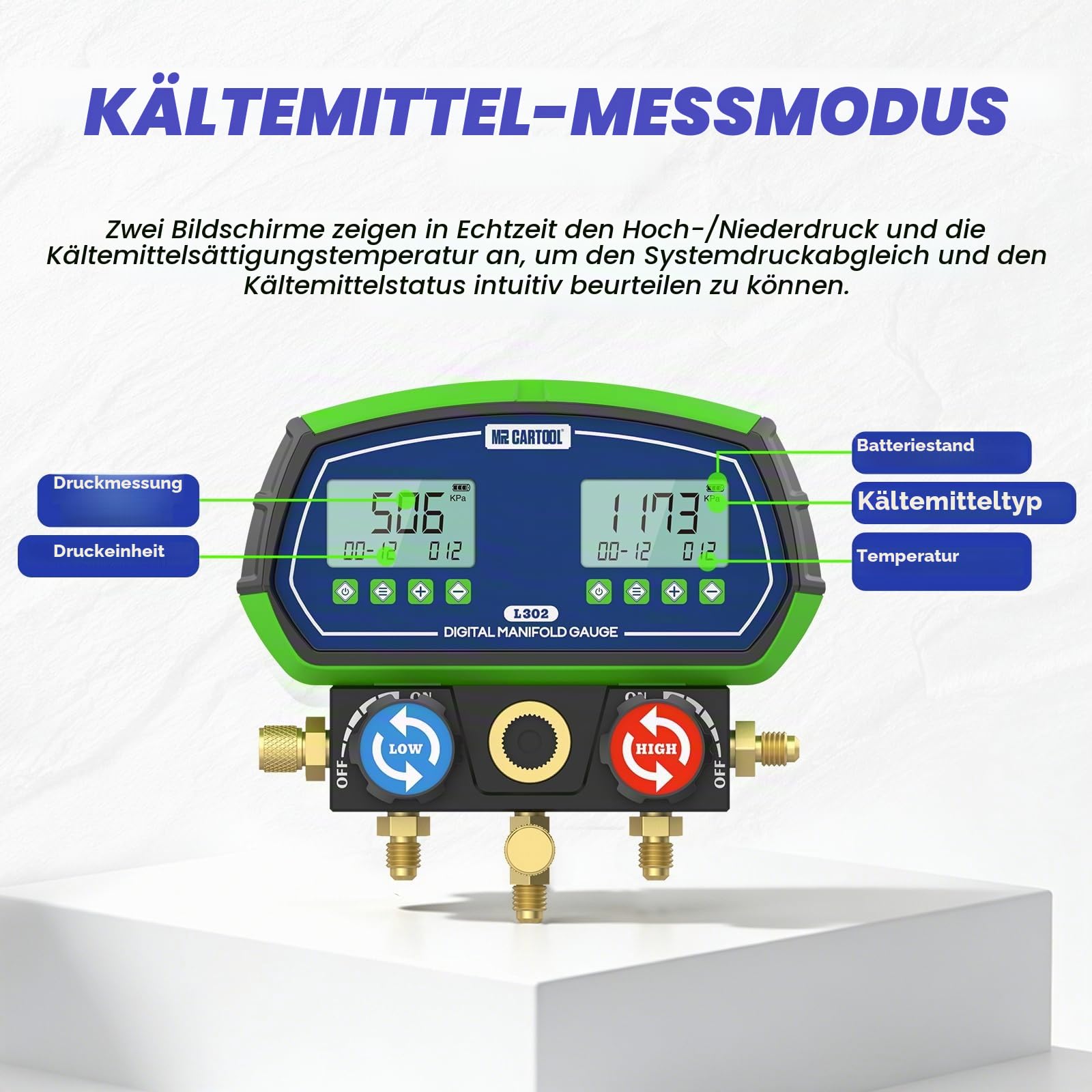 MR CARTOOL Digital Monteurhilfe L302 Kältemittelanzeige HVAC Messgerät R134A R32 R410A 90 Kältemitteln Vakuumpumpe