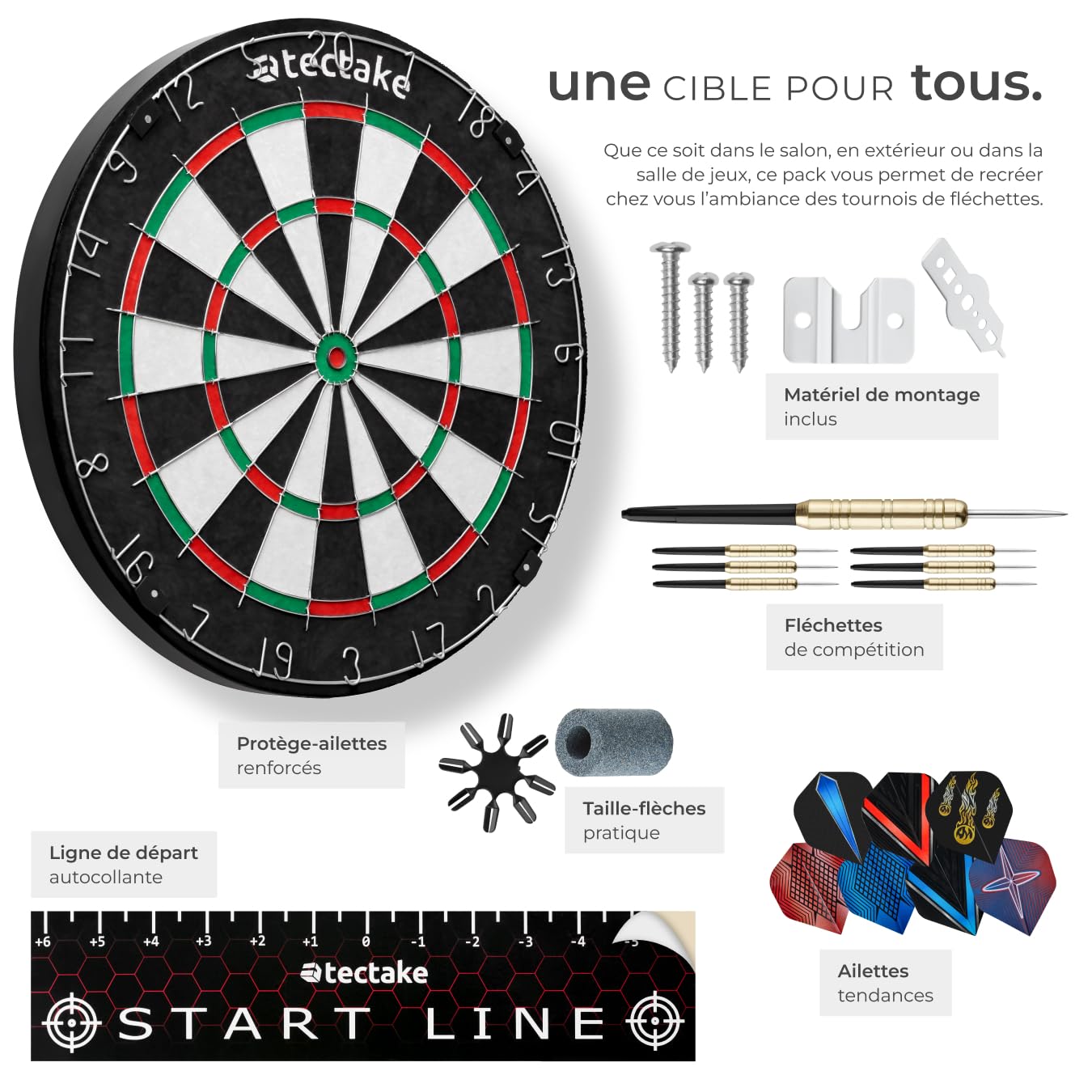 tectake® Jeu de fléchettes standard, Cible flechette en sisal, 9 fléchettes Pointe métal, 21 ailettes, 16 protège ailettes, Taille fléchette, Matériel de montage, Ligne de départ, Jeu de flechette Pro