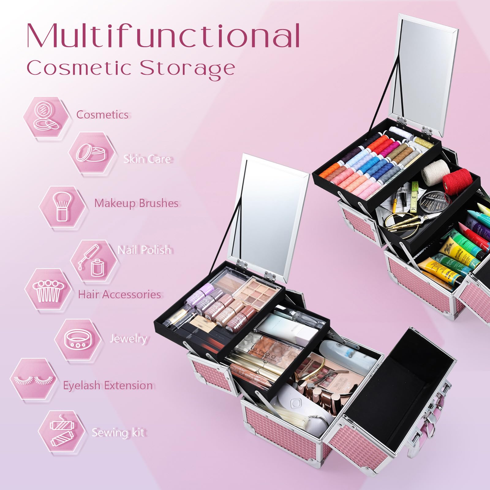 Valigetta Trucchi Beauty Case porta Trucco Valigia porta Trucchi Valigetta per Trucco Vassoi per Truccatore Custodia Cosmetica con Specchio, Rosa Olografico
