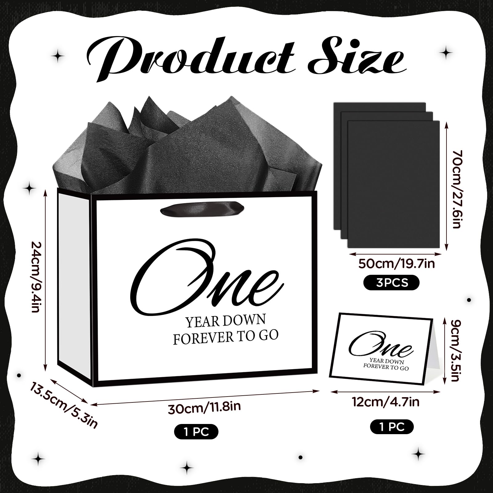 TagreSpike 1st Anniversary Paper Gift Bag with Tissue Paper and Card - Large One Year Down Forever to Go Wrapping Bag - Black and White Paper Anniversary Party Supplies for Husband Wife