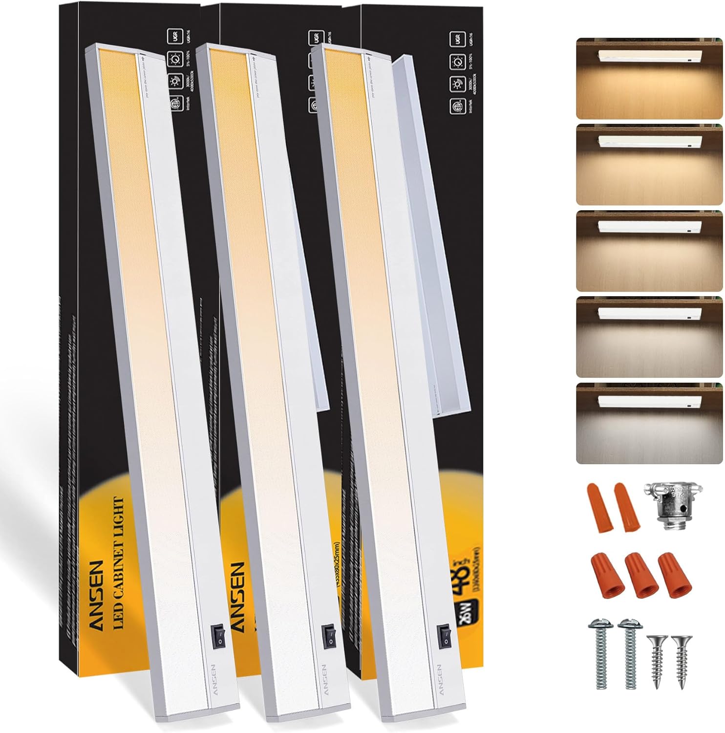 Ansen 3Packs of Under Cabinet Lights for Kitchen, 48in 26W 1720LM, Dimmable Hardwire Led Light for Closet, CRI>92, R9>90, 5 Color Temperature, 2700K-5000K(Warm White, Cool White, Daylight)
