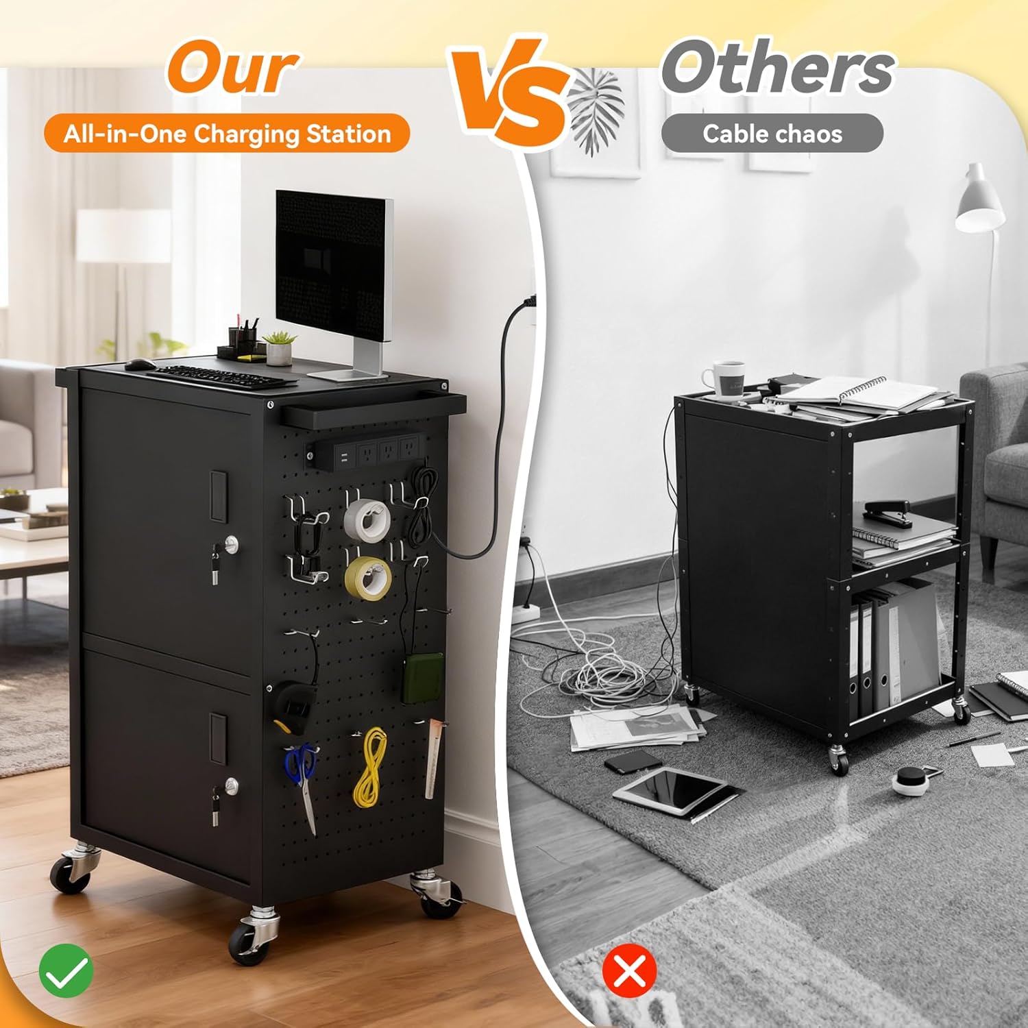 Mobile AV Cart - Heavy Duty Computer Cart with 2 Cabinets, Rolling Media Cart with 4 Outlets & Pegboard & Hooks, Lock Brake Wheels Mobile Computer Workstation, Perfect for Home or Office