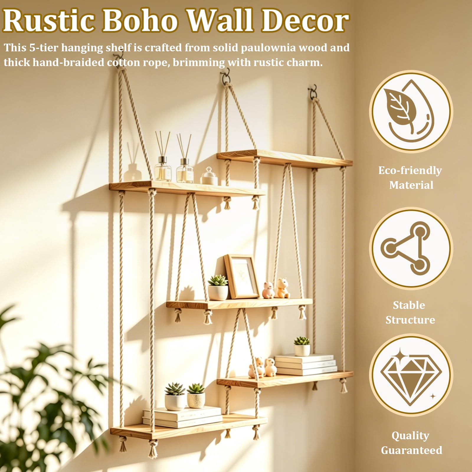 Estantería De Pared De Madera, Estante Flotante De 5 Niveles Colgante | Estilo Bohemio Para Plantas Y Libros Decoración De Macramé Con Guirnalda De Luces De 1,6M Para Sala De Estar Dormitorio