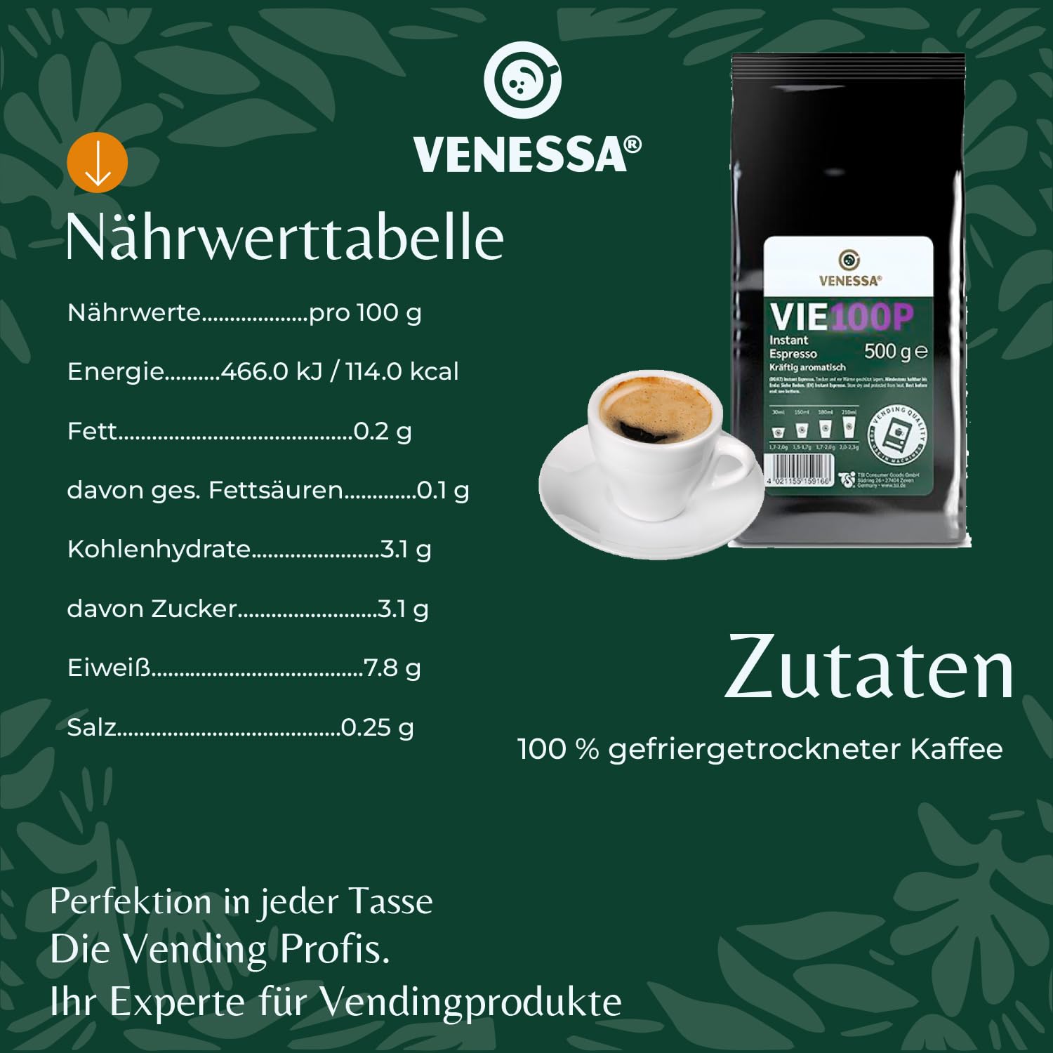 VENESSA VIE 100P Premium Instant Espresso 15 x 500 g delikatnie palone, silnie aromatyczne w smaku – do automatów Vending, gastronomii, firm
