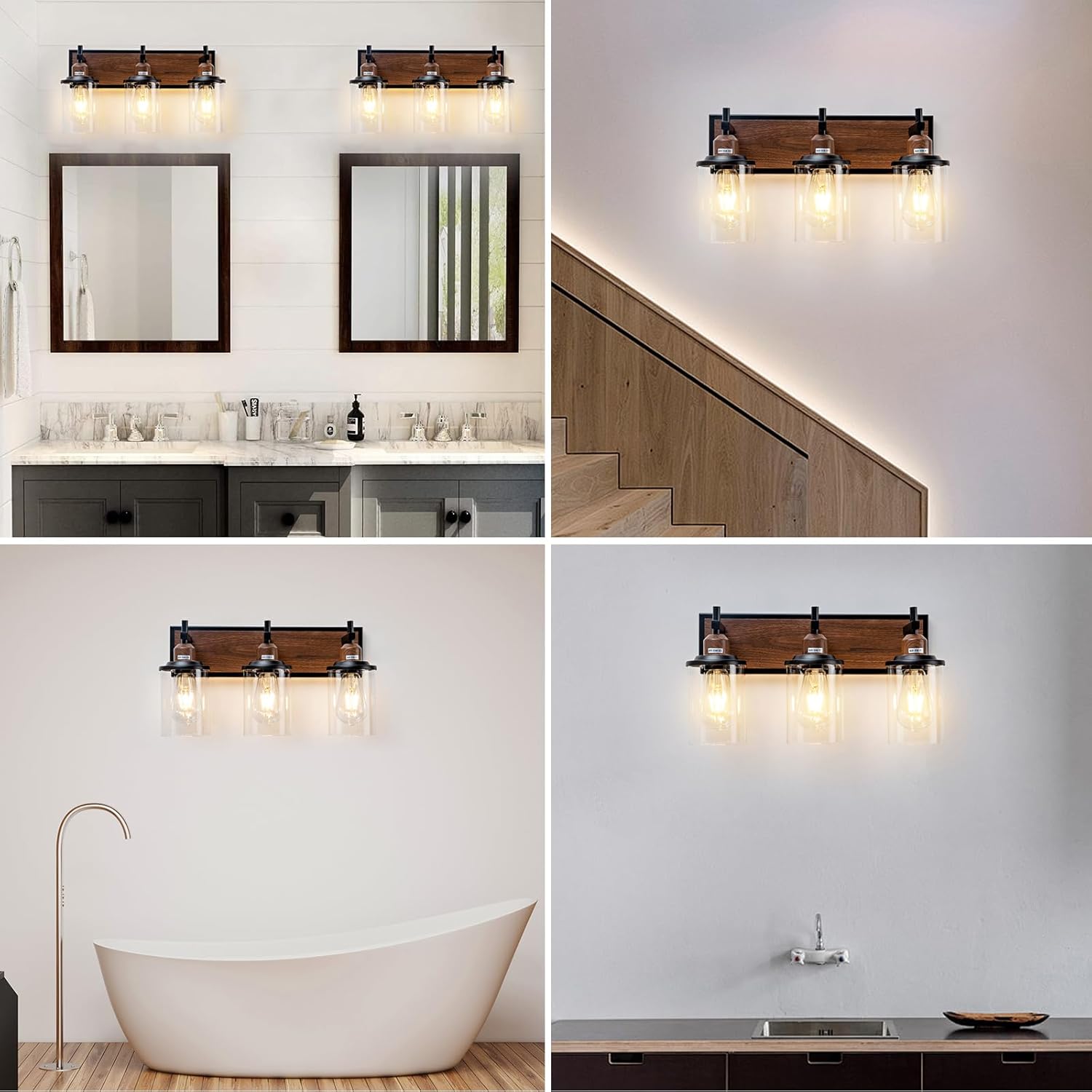 Lanhall 3-Light Farmhouse Bathroom Light Fixtures Vintage Vanity Lights Over Mirror Black and Wood Painted Metal Vanity Light with Glass Shades E26 Socket