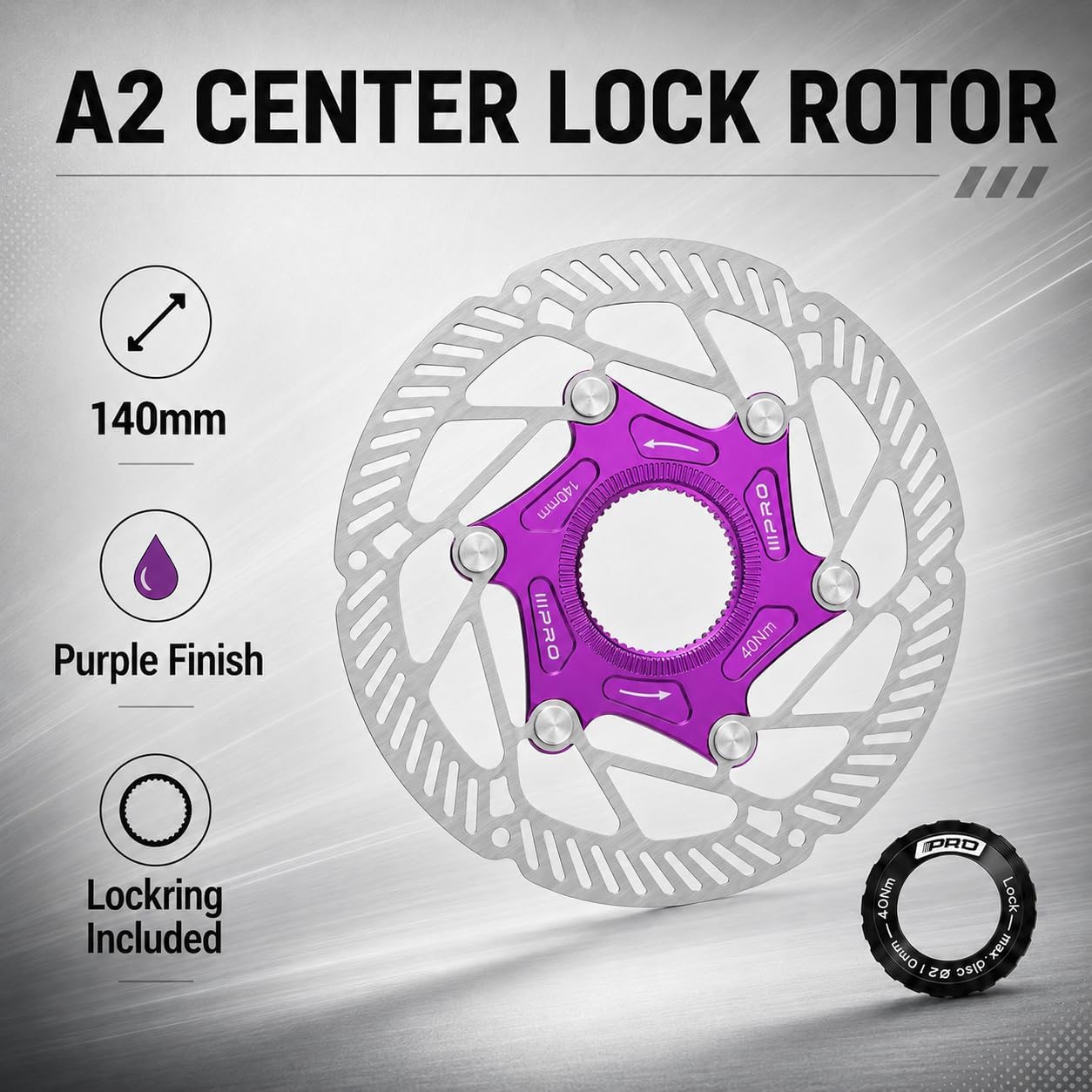 A2 Center Lock Bike Disc Brake Rotor with Lockring (purple, 140mm) | Two-piece stainless steel and aluminum rotor in 7 colors for MTB, road, gravel, and commuter bikes.