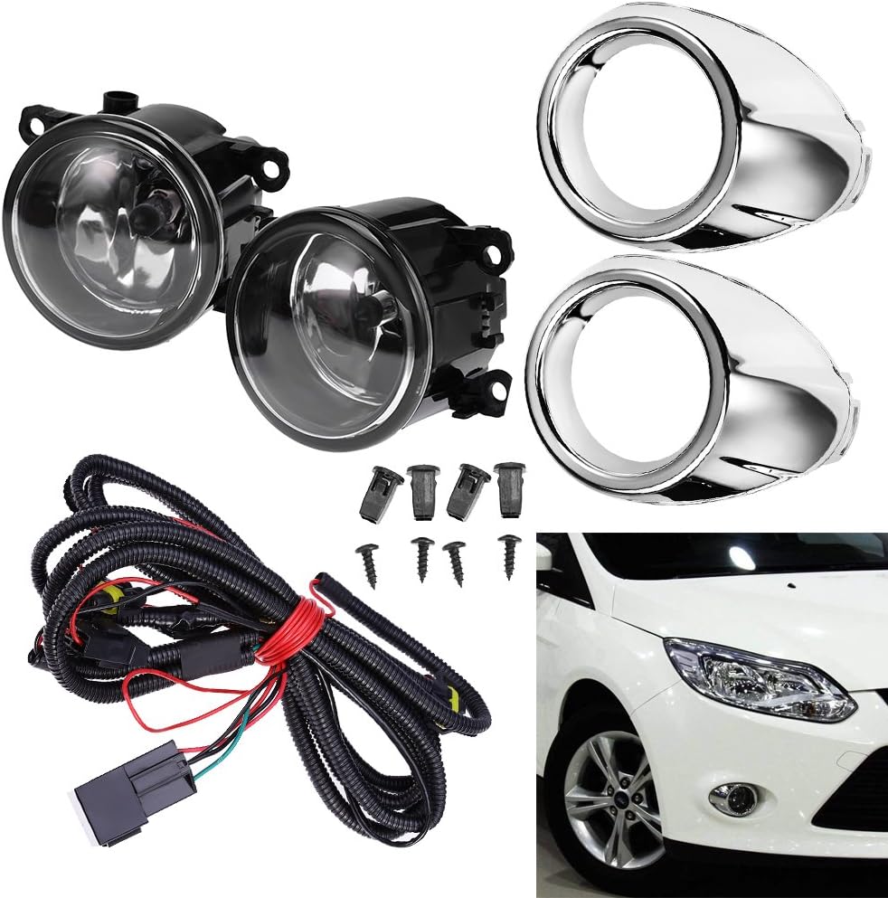 Clear Lens Driving Fog Lights Bumper Lamps Bulbs Harness Bracket for Ford Focus S SE SEL Titanium 2012-2014 w/Harness (1 Pair, Left + Right)