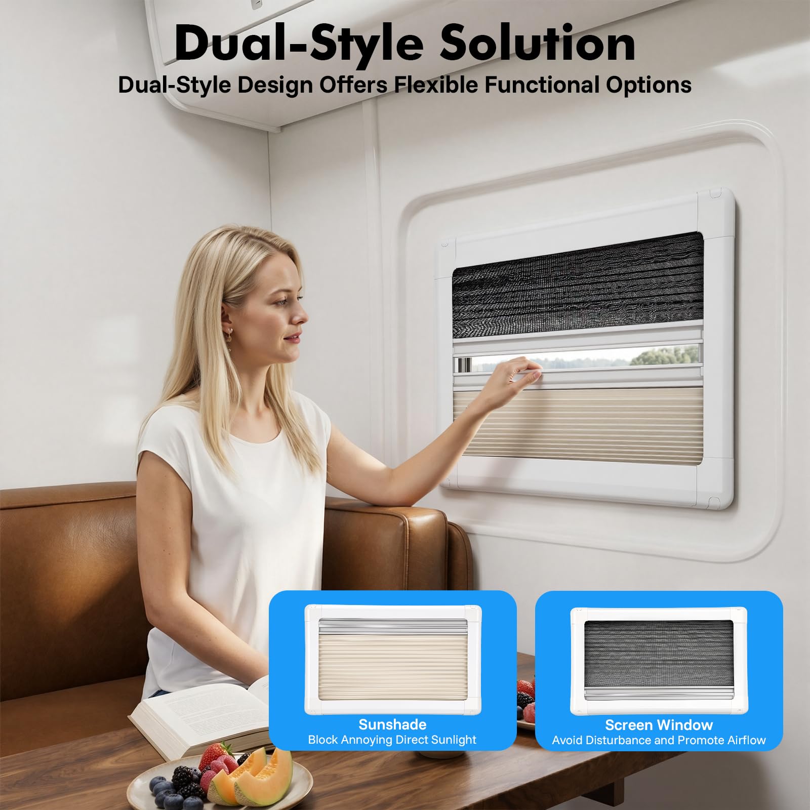 Ventana lateral de caravana negra, ventana para autocaravana con pantalla y parasol solar, transmitancia luminosa del 18%, ángulo de apertura de 0-85°, para autocaravanas, caravanas, autocaravanas