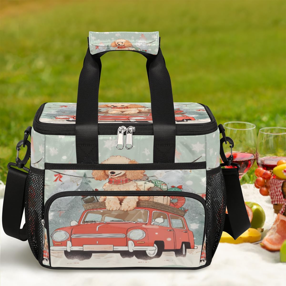 Insulated Picnic Backpack Lunch Box for Women Men Picnic Basket Tote Lunch Bag Picnic Bag Portable Lunch Bags for Picnic, Beach, Work, Trip,Office, Camp Christmas Car with Dog