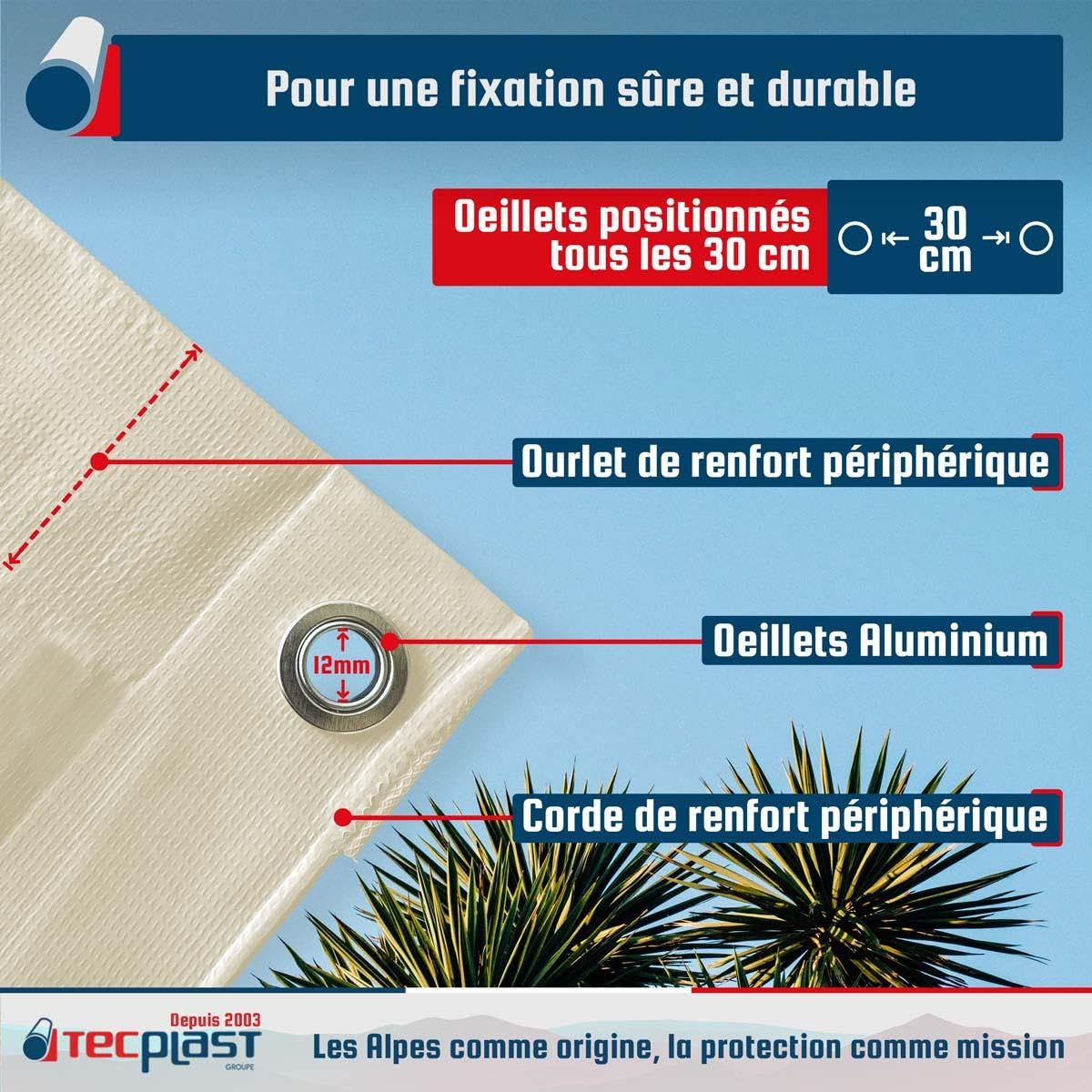 TECPLAST Toile Pergola Blanc Crème 3x5 m LP506PR - Garantie 5 Ans - Bâche Pergola ou Tonnelle étanche en PVC pour terrasse