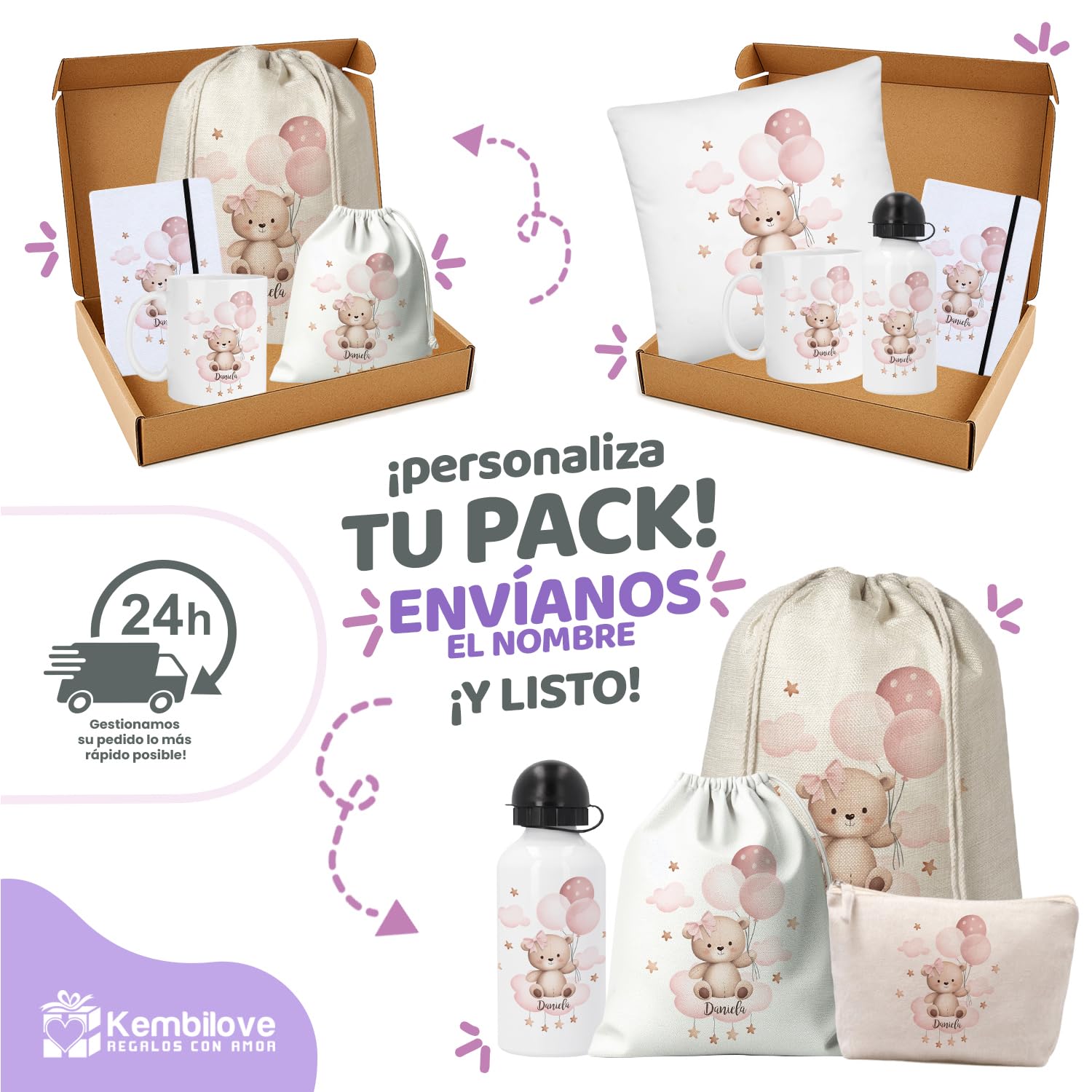 Kembilove Pack vuelta al cole personalizado con nombre niña/Osita con globos/Mochila + botella + taza + libreta + neceser/Regalo escolar guardería infantil/Set Colegio o Escuela
