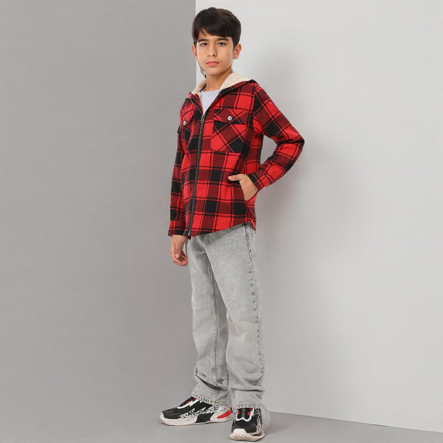 ThCreasa Boys Sherpa Lined Zip Flannel Hooded Jacket