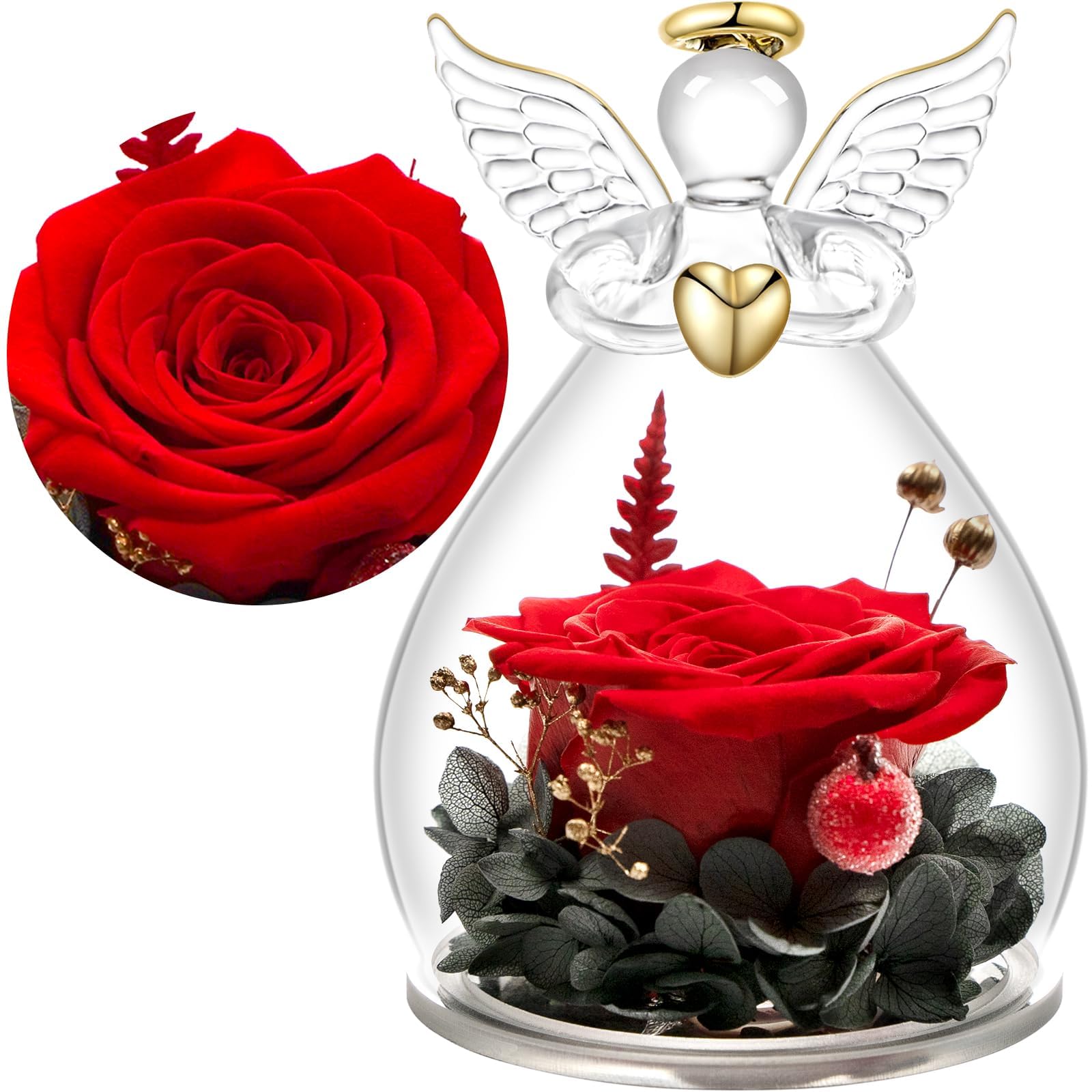 Yamonic Rosa Stabilizzata Vera Regalo Donna,Rosa Eterna in Angel Cupola Regali Mamma,Figurine di Angeli Regali Nonna Donna Compleanno,Angelo Custode Idee Regalo Natale Festa della Mamma