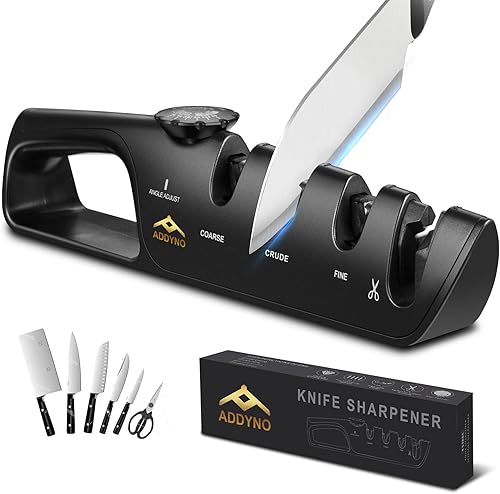 Afilador de cuchillos 4 en 1 con guía de ángulo, borde ajustable, afilado grueso de 3 etapas, fino + ranura para tijeras, base antideslizante y