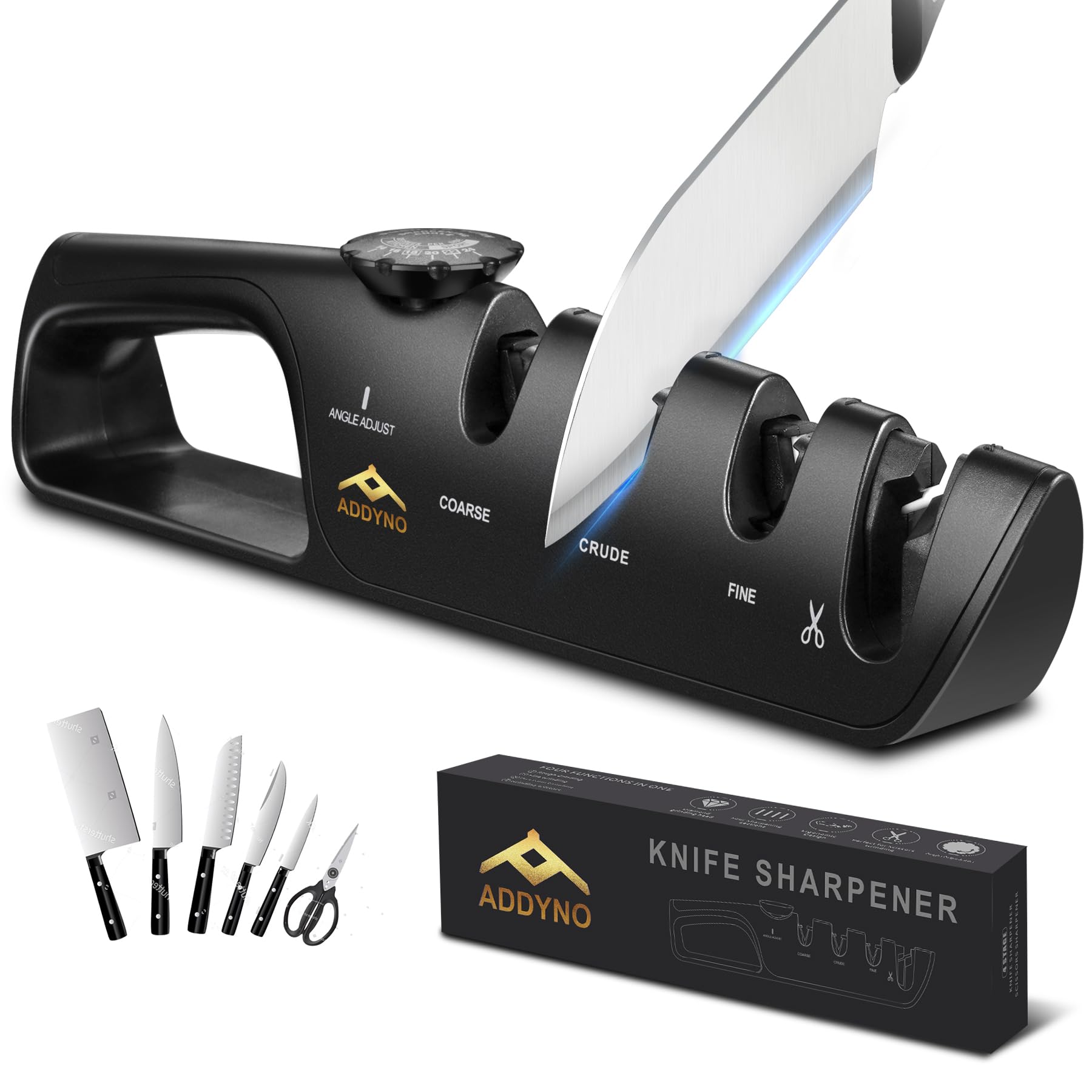 Photo 1 of ADDYNO Knife Sharpener, Adjustable Angle 4-in-1 Kitchen Knife Sharpener, 3-Stage Coarse Sharpen Fine with Scissors Slot, Non-Slip Base Ergonomic Handle for Household Knives and Scissors