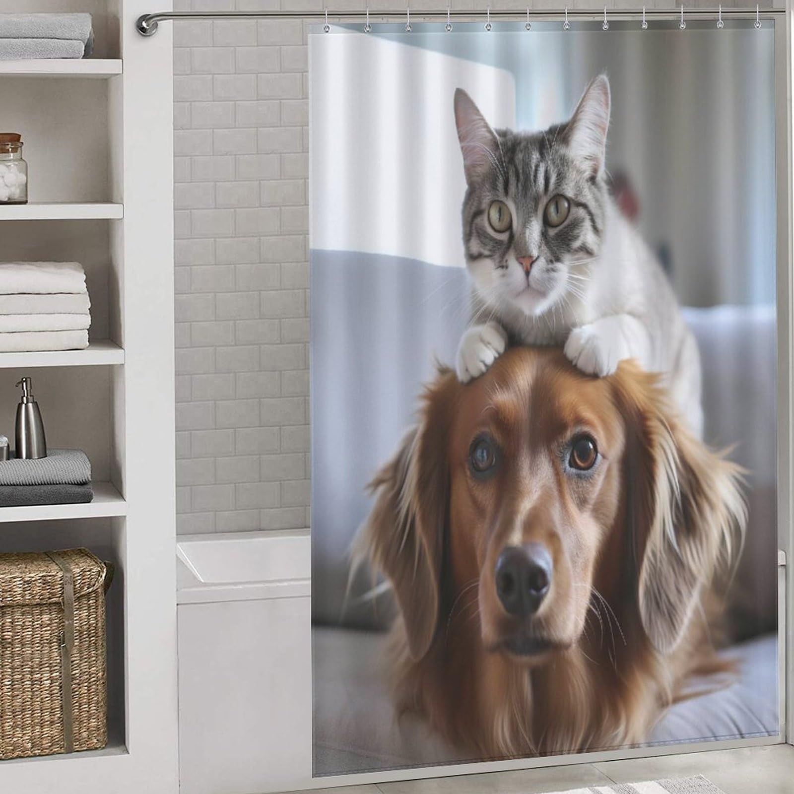Rideau de douche pour salle de bain familiale avec motif de chien mignon et drôle