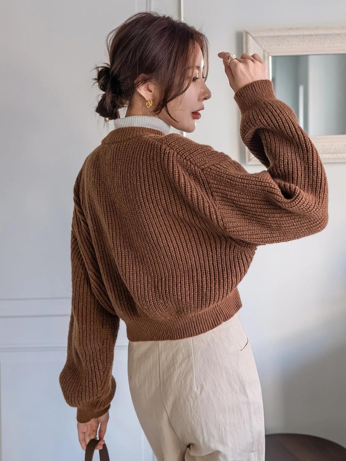 Women's Trench Coat Casual Ribbed Knit Drop Shoulder Cardigan Long Sleeve Round Neck Classic Overcoat