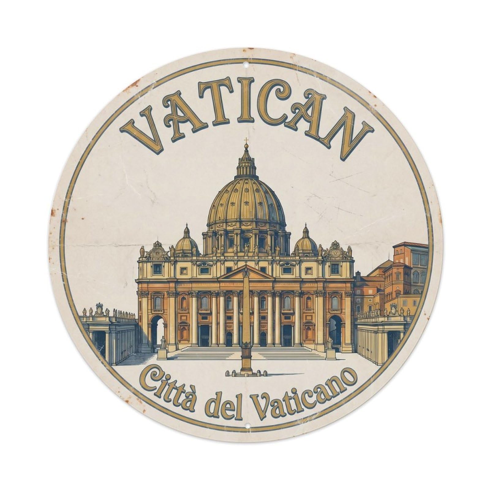 Vintage Travel Vatican Basilica Rome 1 Metal Tin Sign Plaque Wall Decor for Cafe, Club, Garden Round Metal Poster 8x8Inch