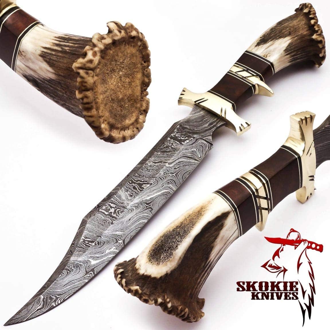Skokie Knives Damascus Steel hunting Knife Stag Antler Handle with Burl Wood & Brass Guard โ15โ Handmade Premium Quality Sharp Edge Fix Blade - Genuine Multipurpose Knife โ Ideal for Hunting, Camping With Leather Sheet
