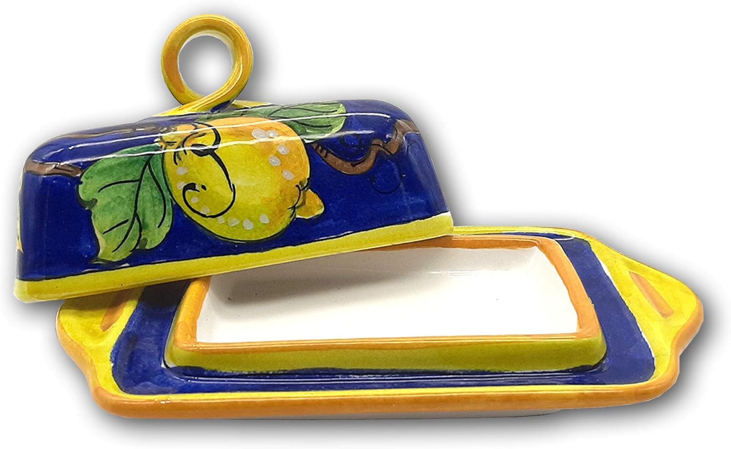 Giotti Ceramiche Hand-Painted Italian Ceramic Butter Dish with Lid - Blue & Lemon Design - 8"x5" Authentic Tuscan Pottery Butter Keeper - Decorative Kitchen Holder for Countertop - Made in Italy