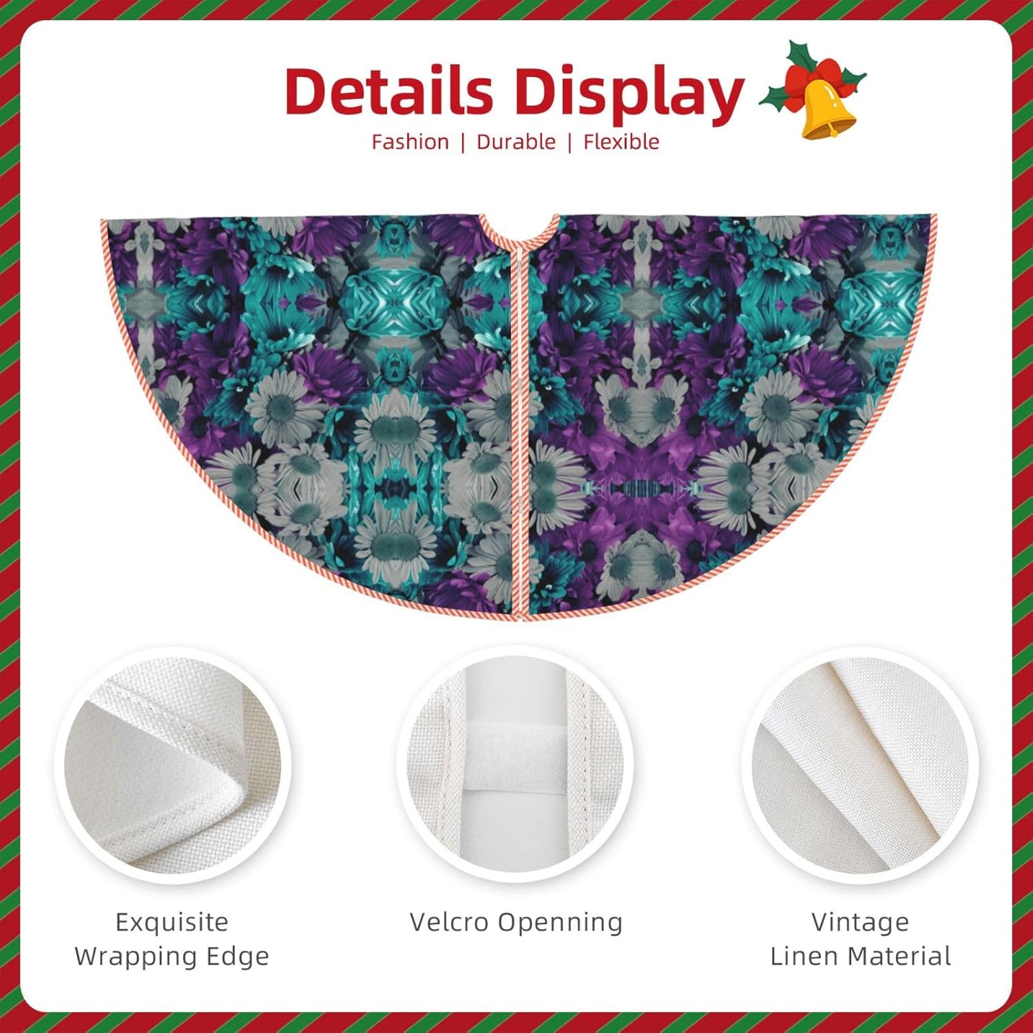 Purple and Teal Flowers Christmas Tree Skirt for Xmas Holiday Party Decorations Classic Red Scottish Plaid