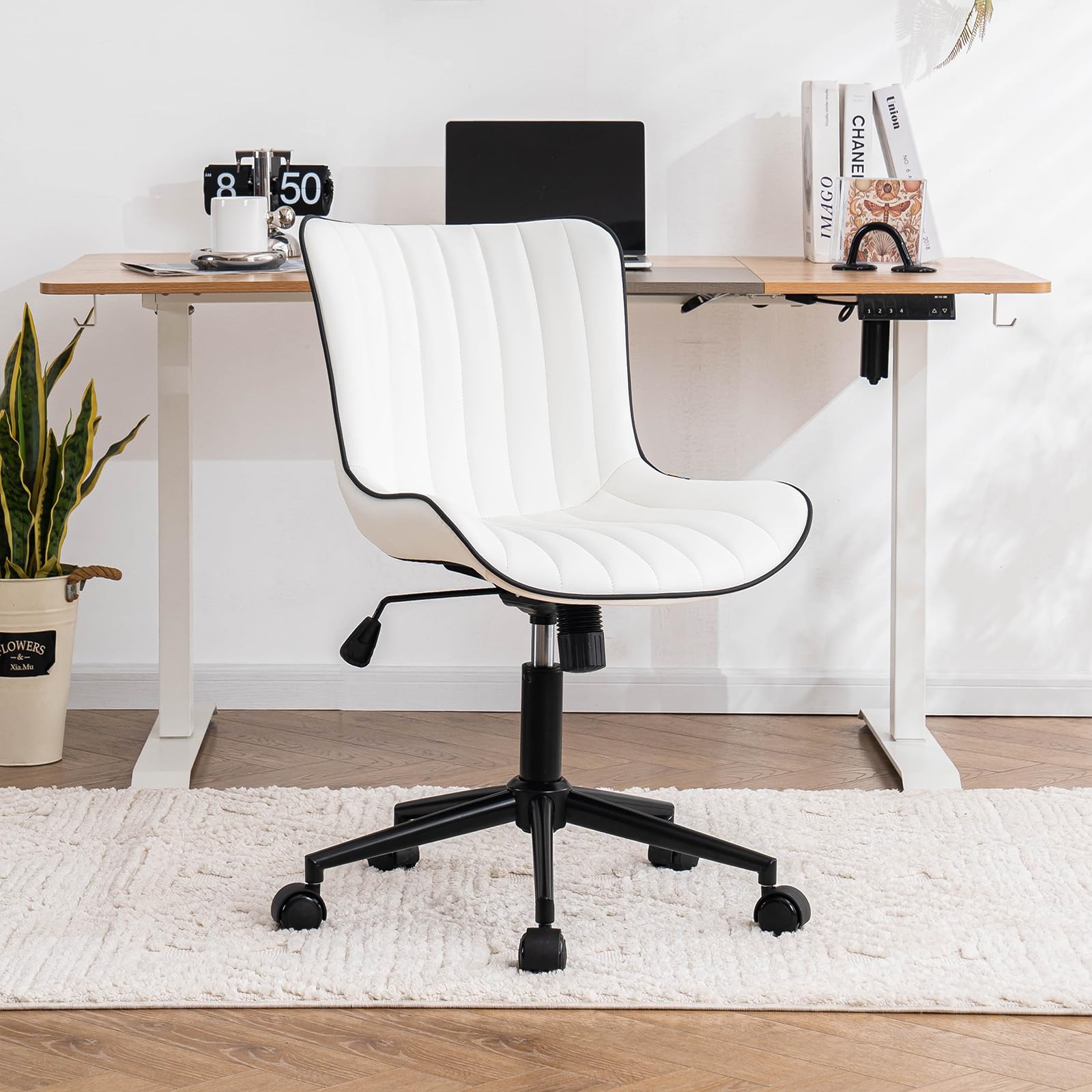 YOUTASTE Silla de Oficina Ergonomica, Silla Giratoria sin Reposabrazos, Silla de Escritorio Regulable en Altura, Silla de Ordenador para Oficina en Casa, Cómoda, Blanco
