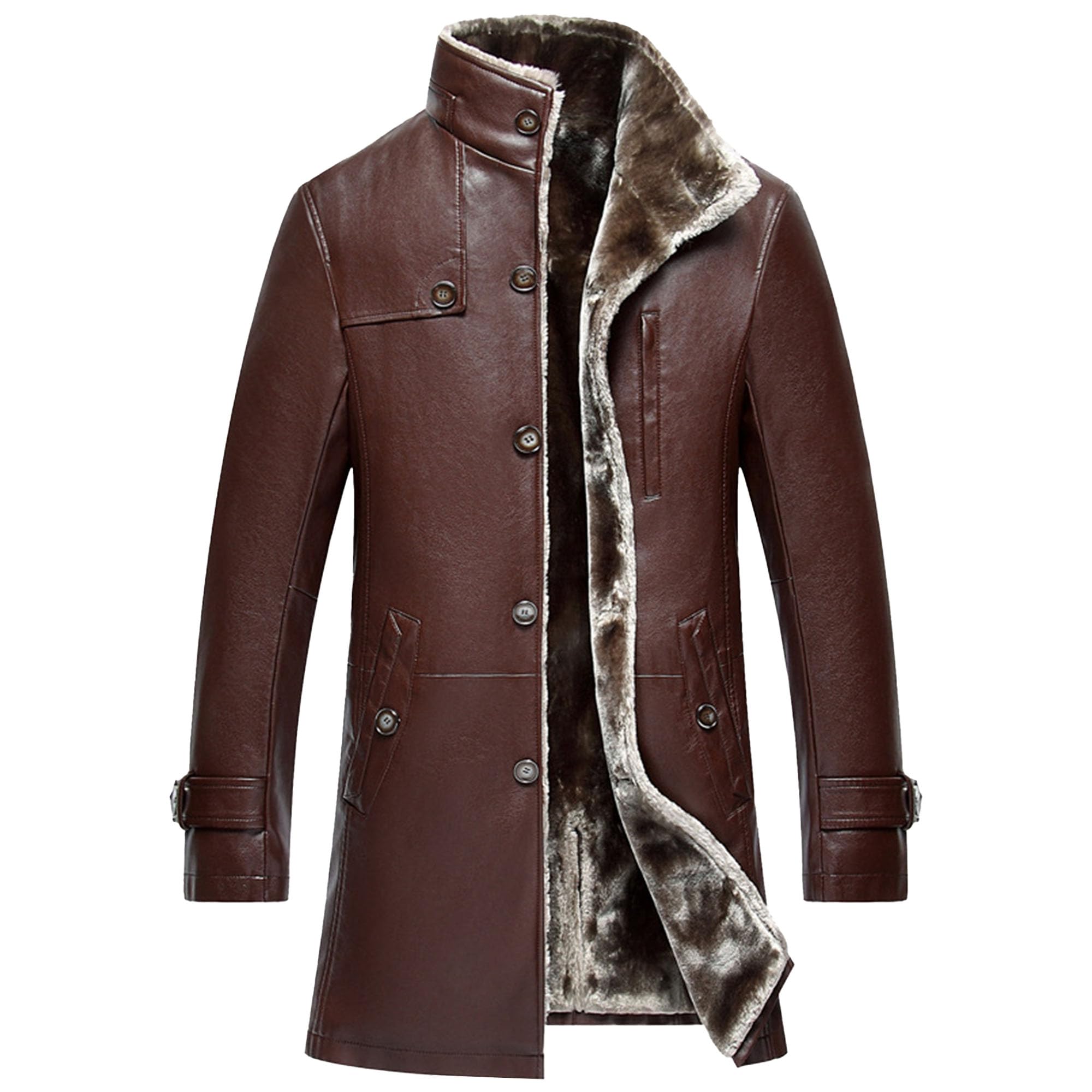JEKE-DG Men's Faux Pu Leather Jacket Fleece Sherpa Lined Long Trench Coats Winter Warm Button Up Motorbike Jacket (XX-Large,Reddish Brown 2)