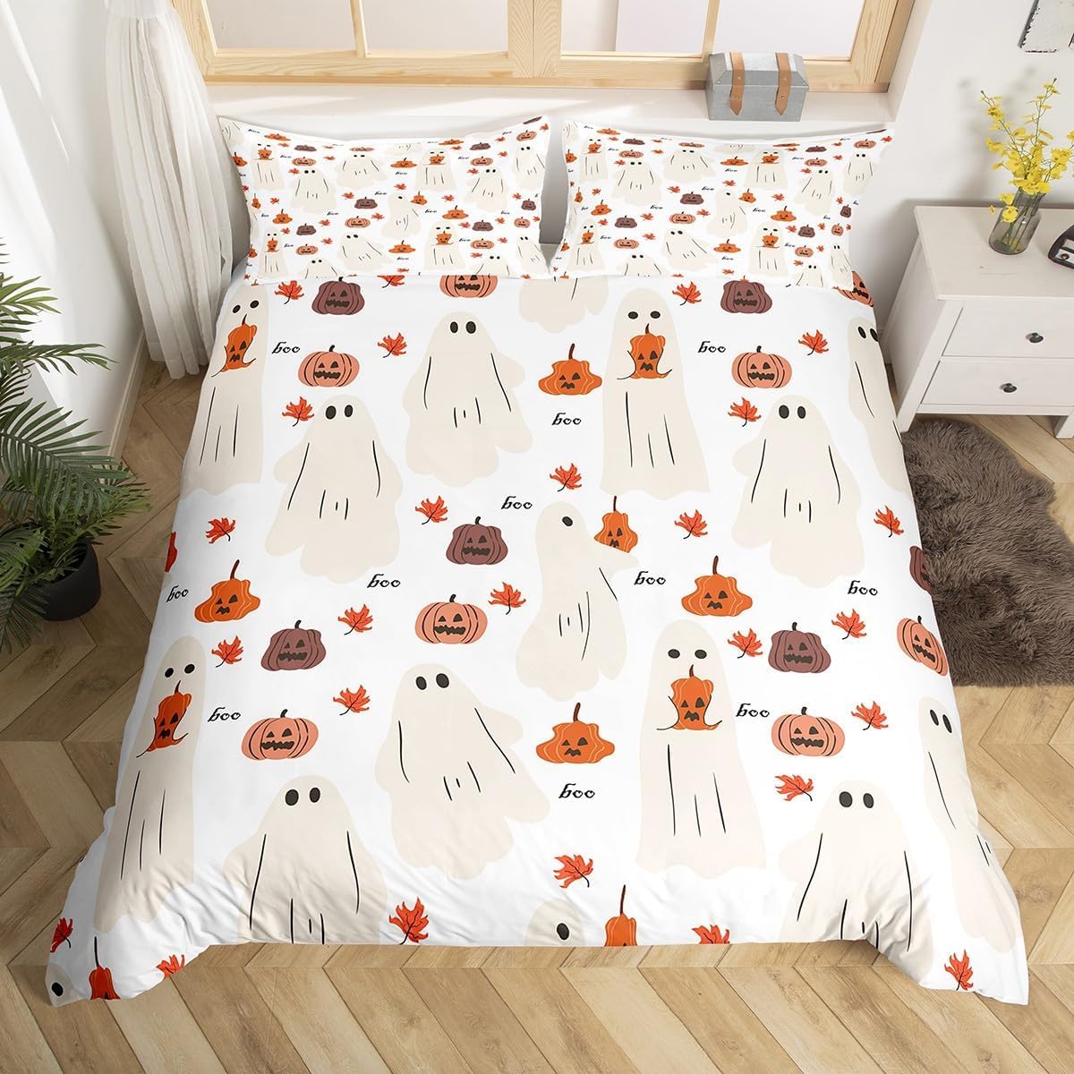 Halloween Pumpkin Duvet Cover Double Size,Cartoon Ghost Comforter Cover for Kids Teens Adults Bedroom Decor,Funny Ghost Orange and White Bedding Set 2 Pillowcases,No Comforter