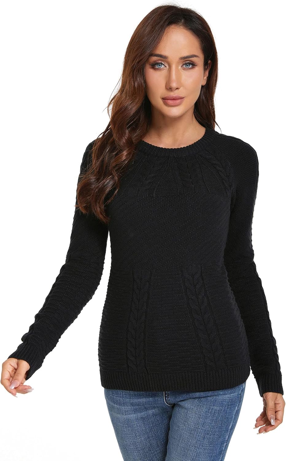 AmélieBoutik Women Crewneck Raglan Long Sleeve Cable Knit Sweater - Image 3