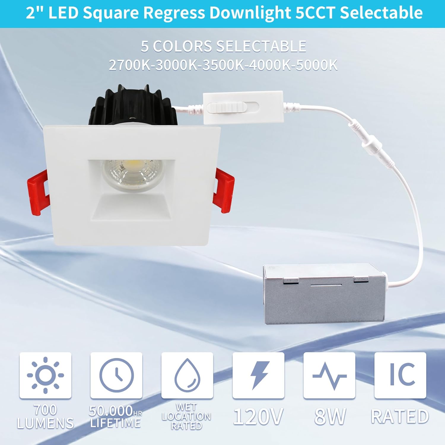 2" LED Square Recessed Downlight with Junction box, 8W 700 Lumens, 5CCT Selectable 2700K/3000K/3500K/4000K/5000K, AC120V TRIAC/ELV dimmers, IC Rated, CRI 90+ Wet location, Recessed Ceiling, ETL listed
